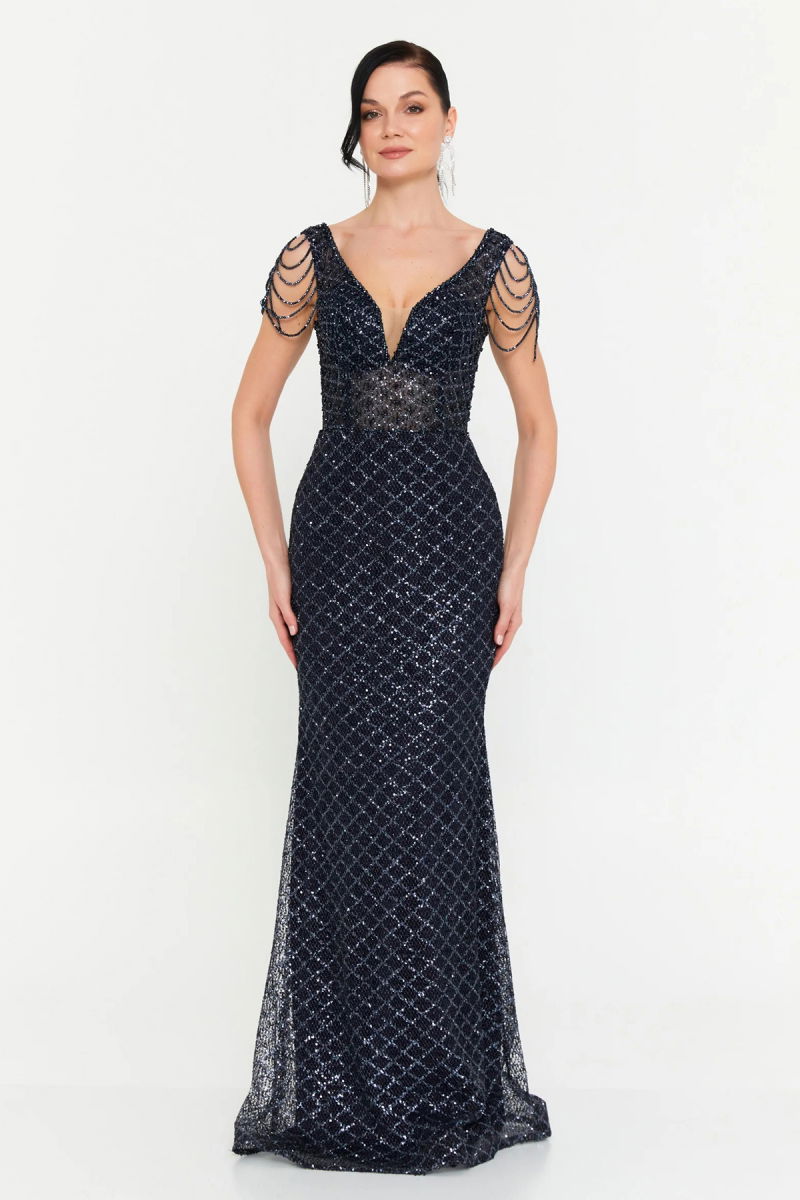 Alinexclusive Kadın Full Payet İşlemeli Omzu Taş Detaylı Geniş Beden Aralıklı Balık Form Abiye Elbise 1649 Lacivert - Alinexclusive