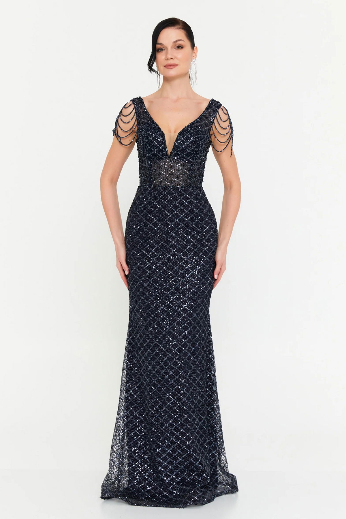 Alinexclusive Kadın Full Payet İşlemeli Omzu Taş Detaylı Geniş Beden Aralıklı Balık Form Abiye Elbise 1649 Lacivert - 1