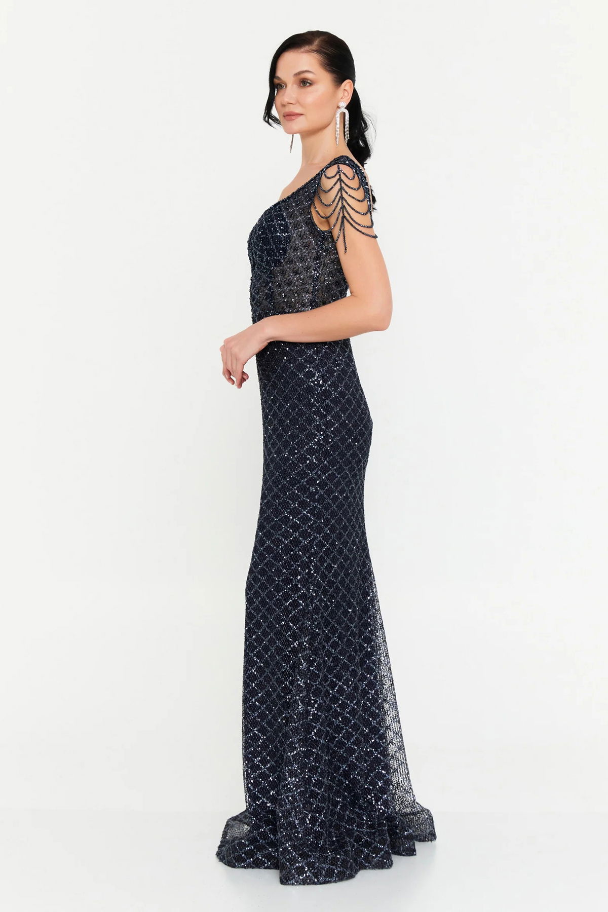 Alinexclusive Kadın Full Payet İşlemeli Omzu Taş Detaylı Geniş Beden Aralıklı Balık Form Abiye Elbise 1649 Lacivert - 2