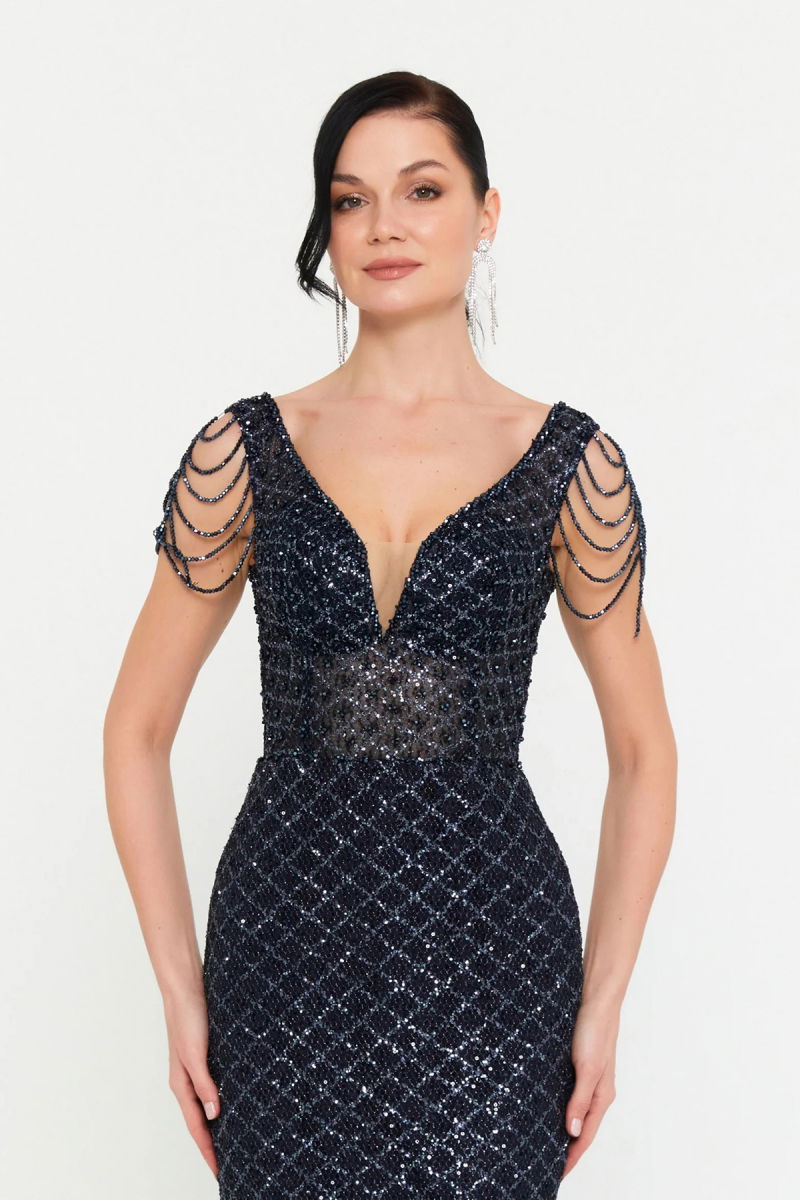 Alinexclusive Kadın Full Payet İşlemeli Omzu Taş Detaylı Geniş Beden Aralıklı Balık Form Abiye Elbise 1649 Lacivert - 3