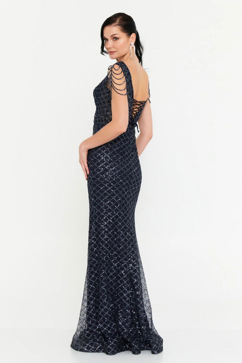 Alinexclusive Kadın Full Payet İşlemeli Omzu Taş Detaylı Geniş Beden Aralıklı Balık Form Abiye Elbise 1649 Lacivert - 4