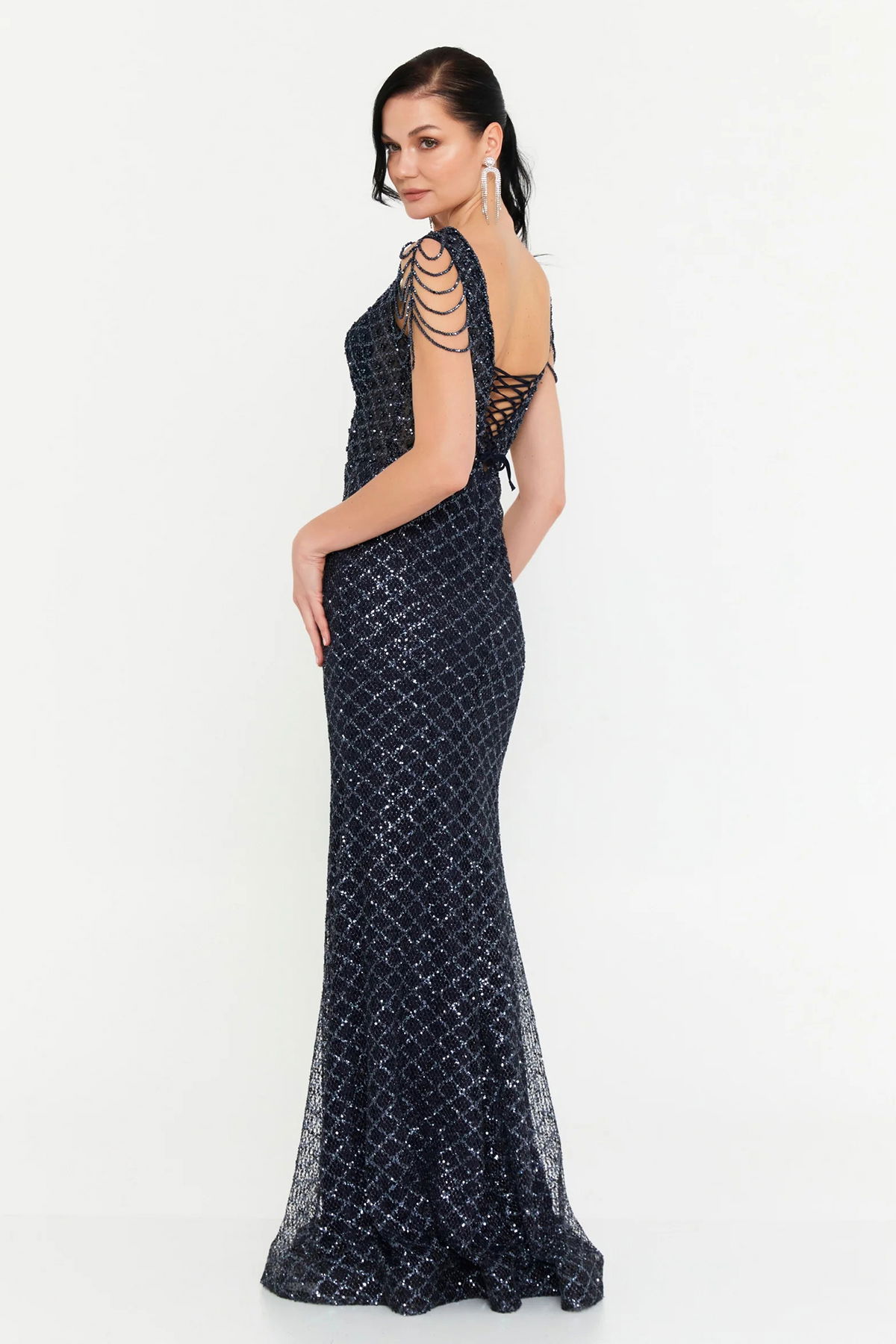 Alinexclusive Kadın Full Payet İşlemeli Omzu Taş Detaylı Geniş Beden Aralıklı Balık Form Abiye Elbise 1649 Lacivert - 4