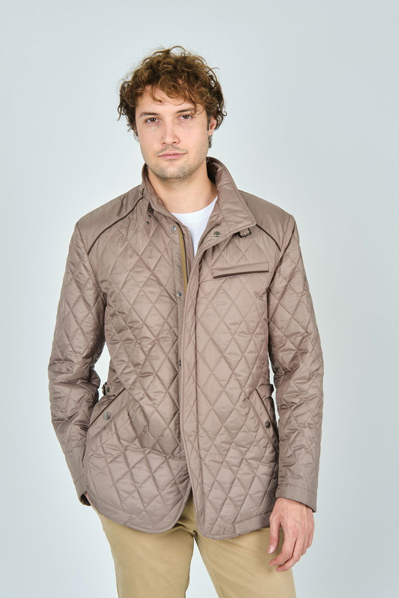 Allegro Erkek Dik Yaka Fermuar ve Çıtçıt Kapamalı Kapitone Uzun Mont 5444 Bej - Allegro