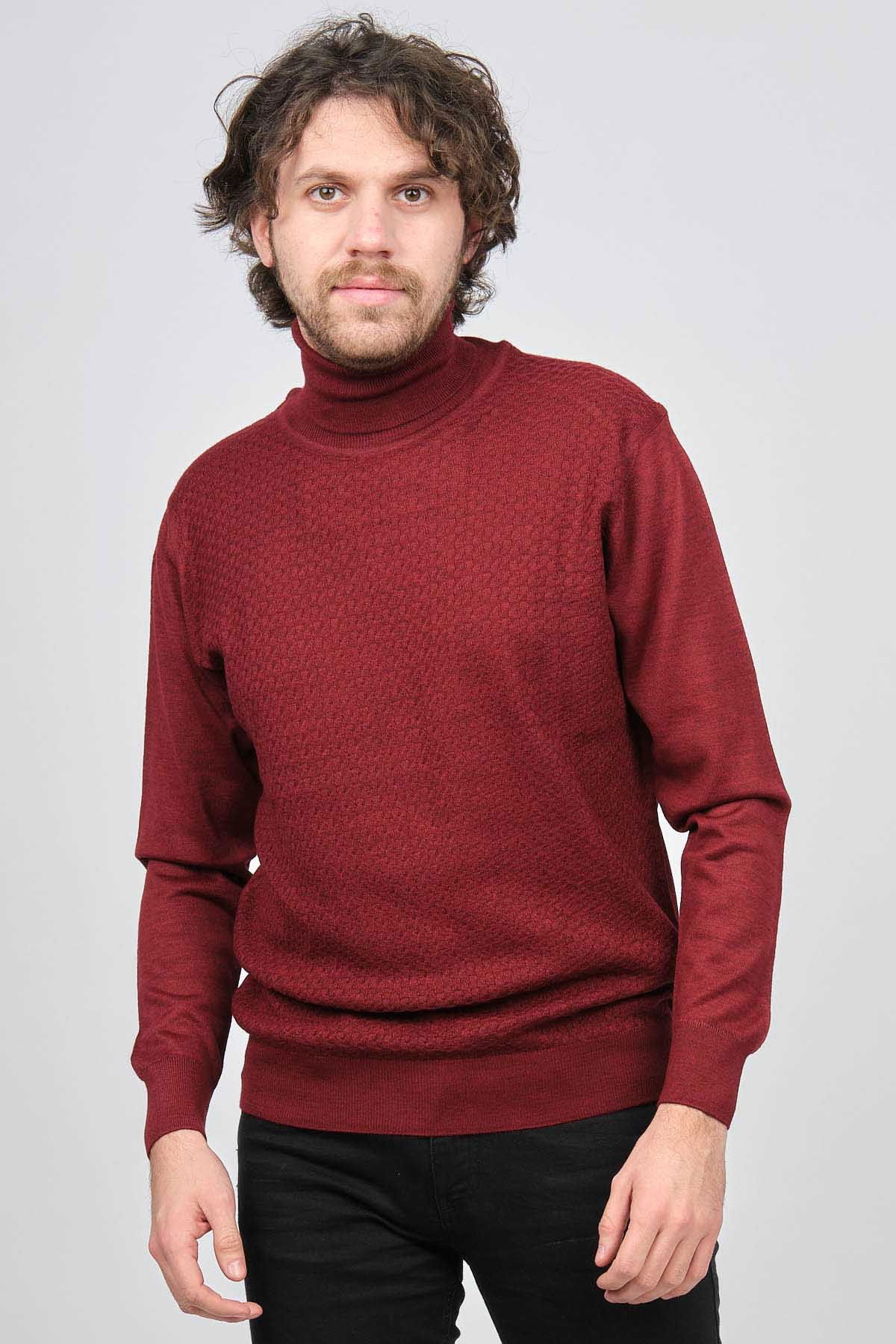 Ateş Triko Erkek Balıkçı Yaka Desenli Yün Kazak 6091598 Bordo - 1