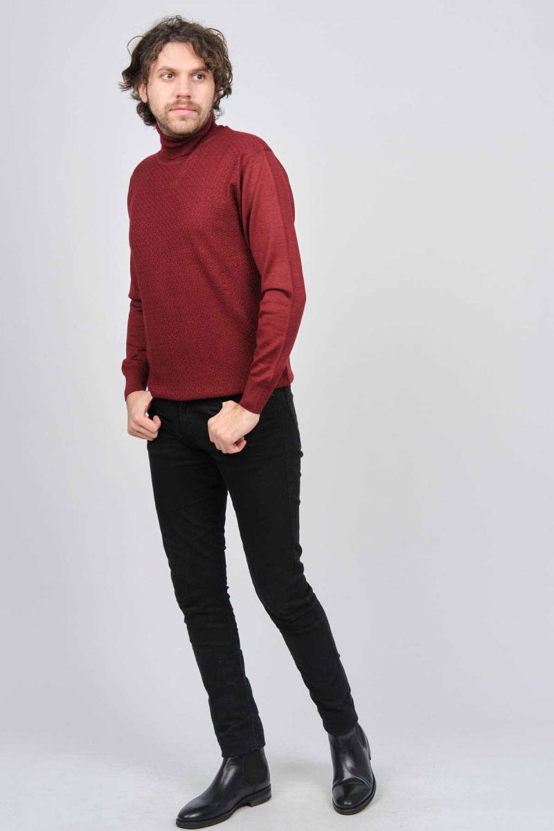 Ateş Triko Erkek Balıkçı Yaka Desenli Yün Kazak 6091598 Bordo - 2