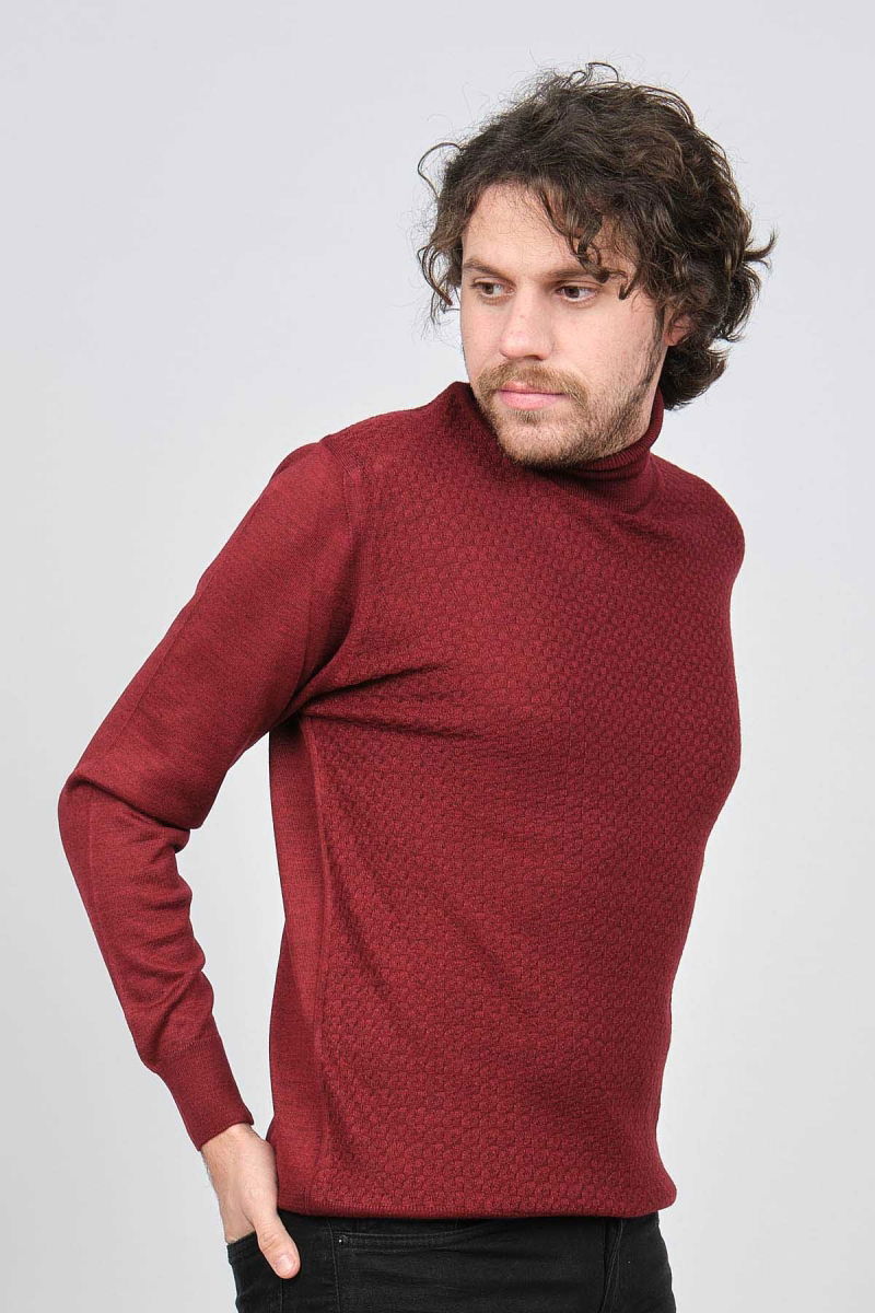 Ateş Triko Erkek Balıkçı Yaka Desenli Yün Kazak 6091598 Bordo - 3