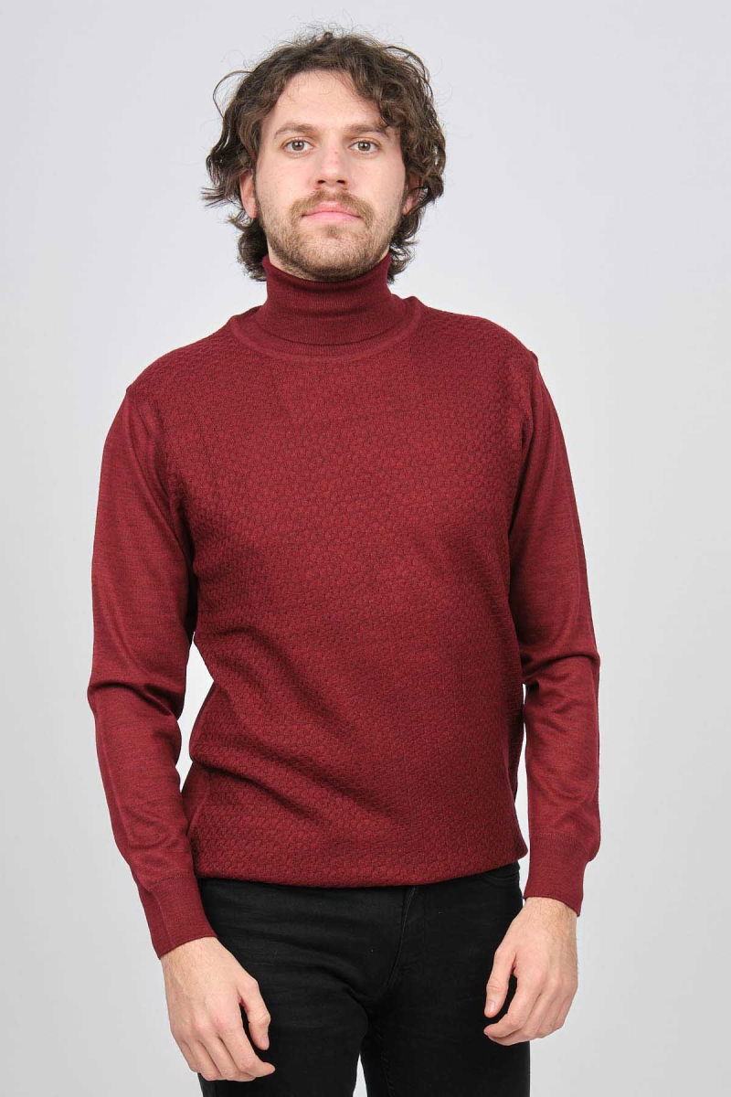Ateş Triko Erkek Balıkçı Yaka Desenli Yün Kazak 6091598 Bordo - 6
