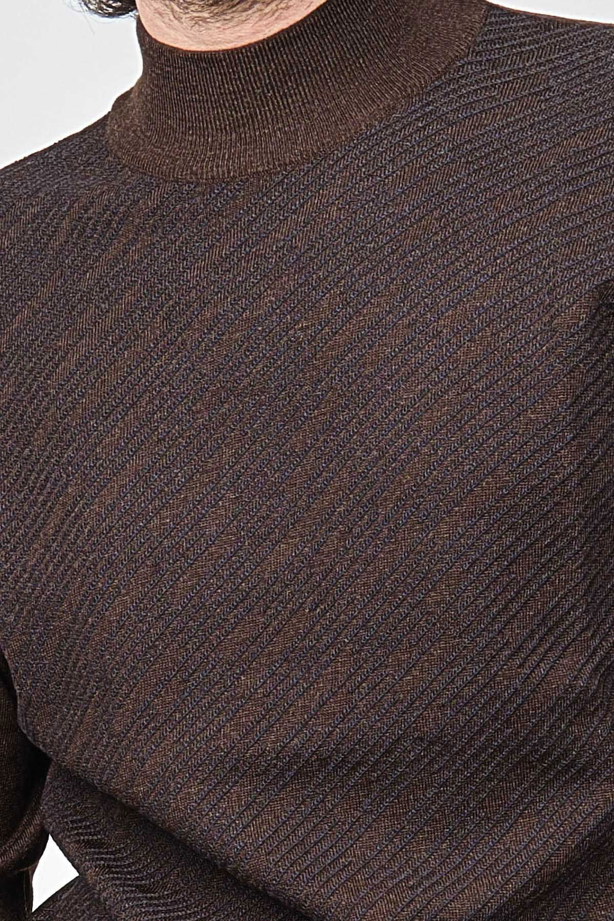 Ateş Triko Erkek Balıkçı Yaka Desenli Yün Kazak 60916044 Kahverengi - 6