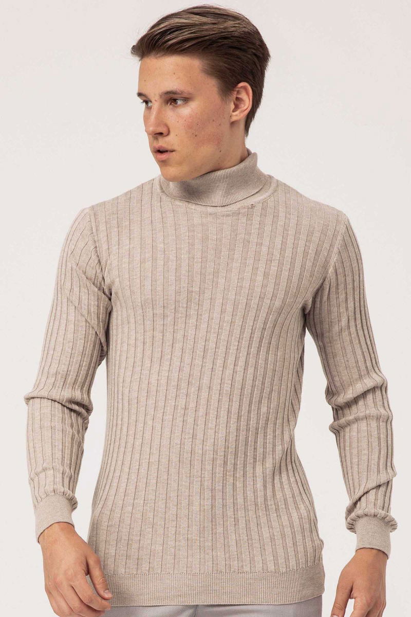 Ateş Triko Erkek Balıkçı Yaka Slim Fit Fitilli Triko Kazak 6091288 Bej 