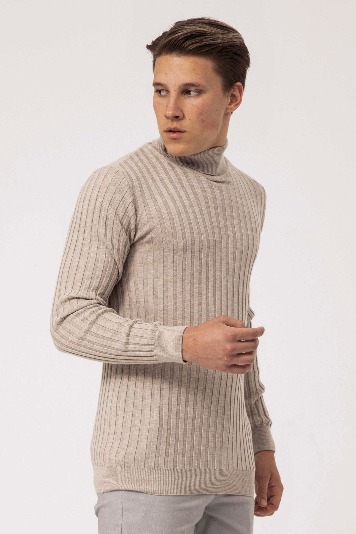 Ateş Triko Erkek Balıkçı Yaka Slim Fit Fitilli Triko Kazak 6091288 Bej - 2