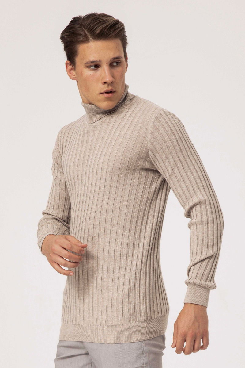 Ateş Triko Erkek Balıkçı Yaka Slim Fit Fitilli Triko Kazak 6091288 Bej - 3