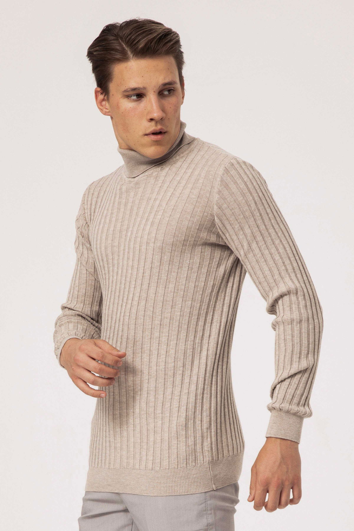 Ateş Triko Erkek Balıkçı Yaka Slim Fit Fitilli Triko Kazak 6091288 Bej - 3