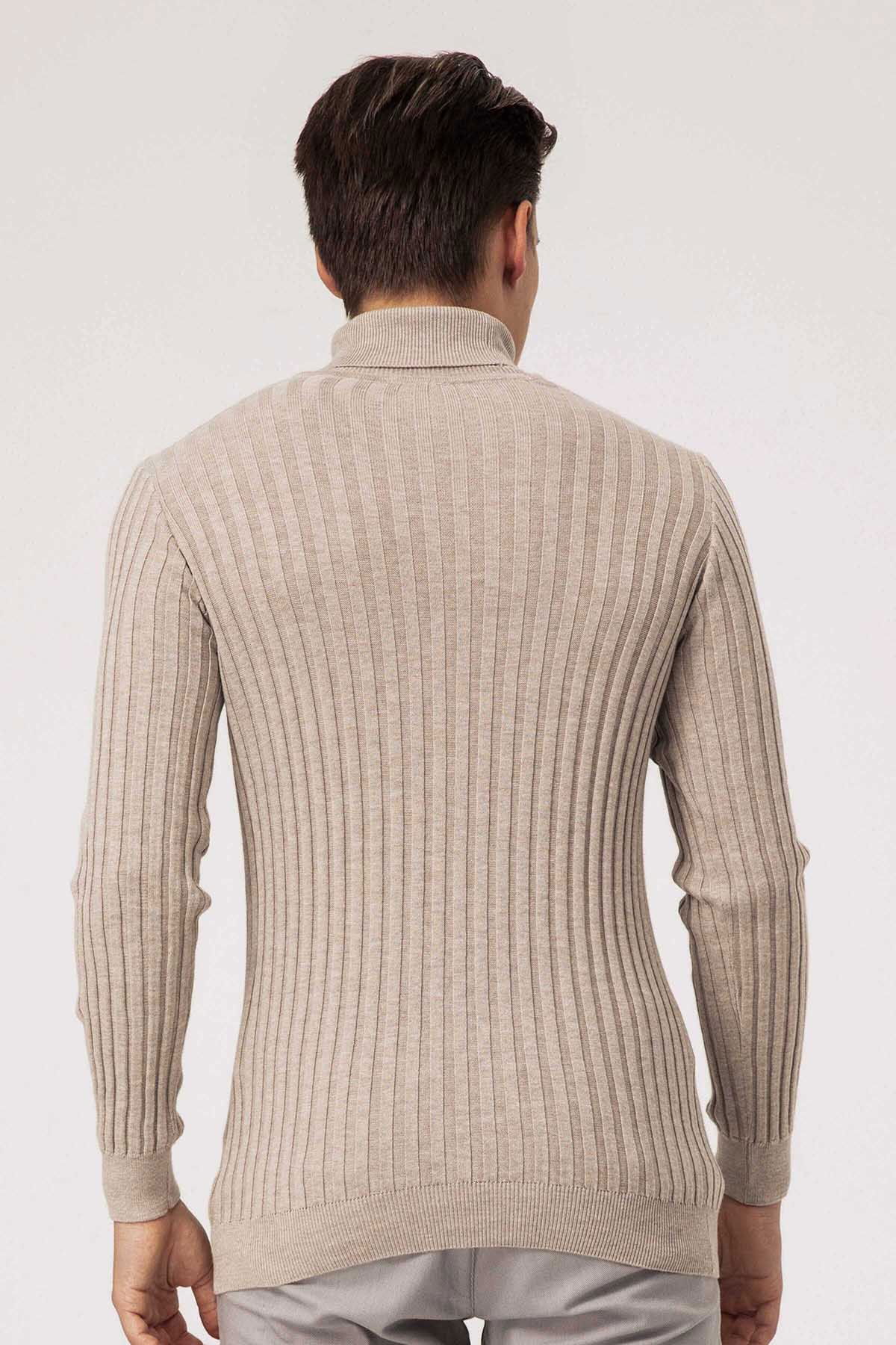 Ateş Triko Erkek Balıkçı Yaka Slim Fit Fitilli Triko Kazak 6091288 Bej - 5