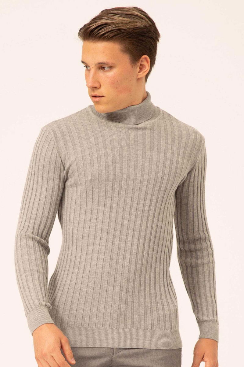 Ateş Triko Erkek Balıkçı Yaka Slim Fit Fitilli Triko Kazak 6091288 Gri 