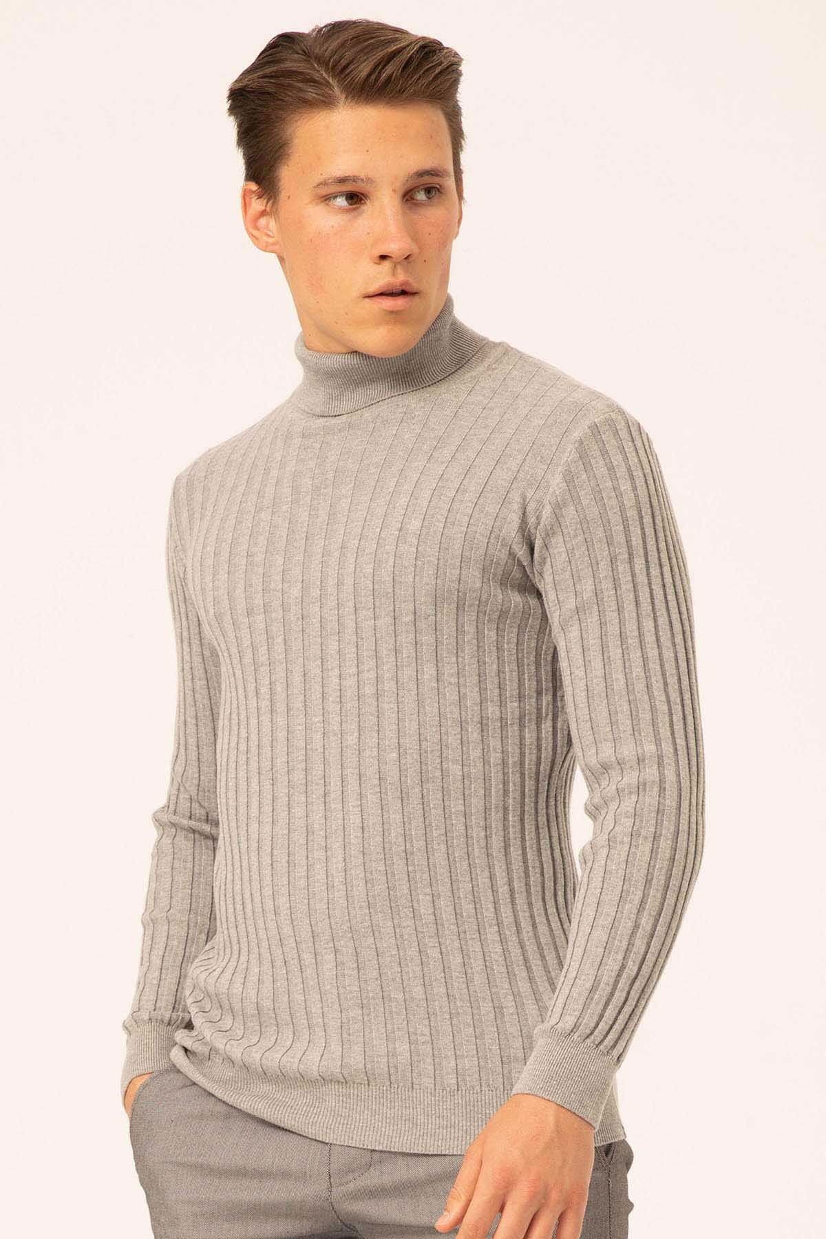 Ateş Triko Erkek Balıkçı Yaka Slim Fit Fitilli Triko Kazak 6091288 Gri - 2