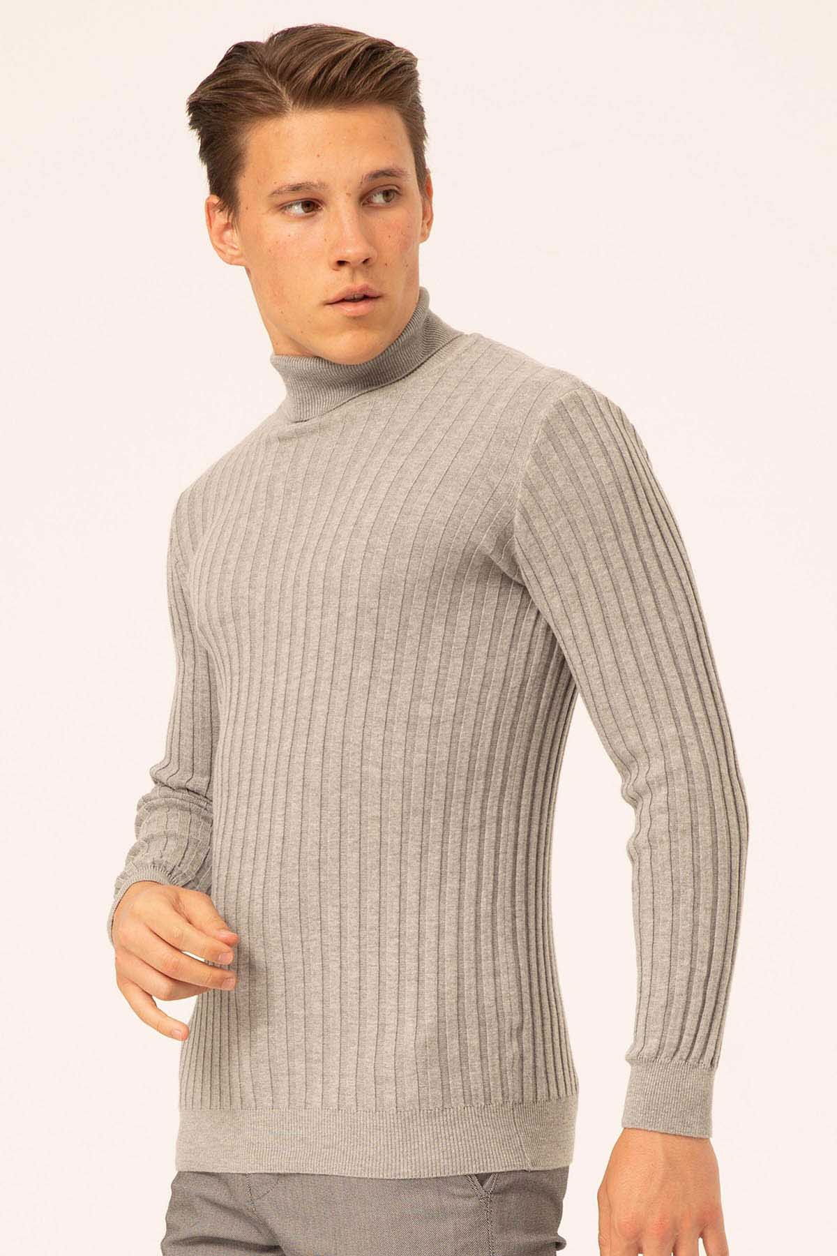 Ateş Triko Erkek Balıkçı Yaka Slim Fit Fitilli Triko Kazak 6091288 Gri - 3