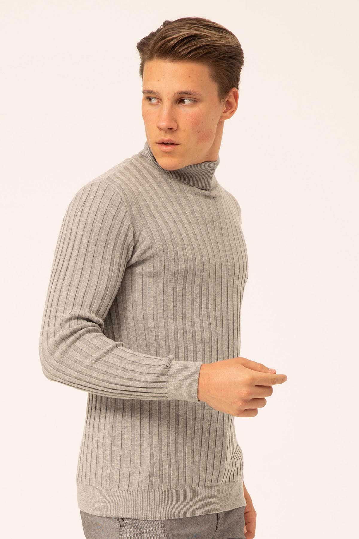 Ateş Triko Erkek Balıkçı Yaka Slim Fit Fitilli Triko Kazak 6091288 Gri - 4