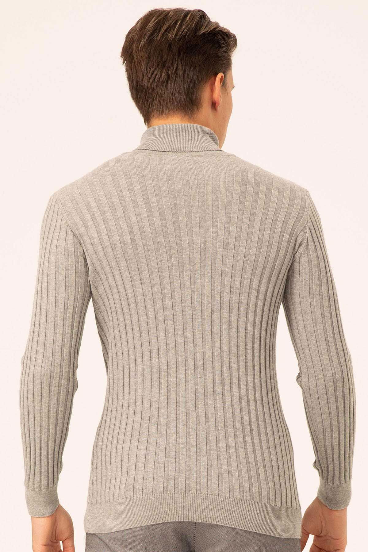Ateş Triko Erkek Balıkçı Yaka Slim Fit Fitilli Triko Kazak 6091288 Gri - 5