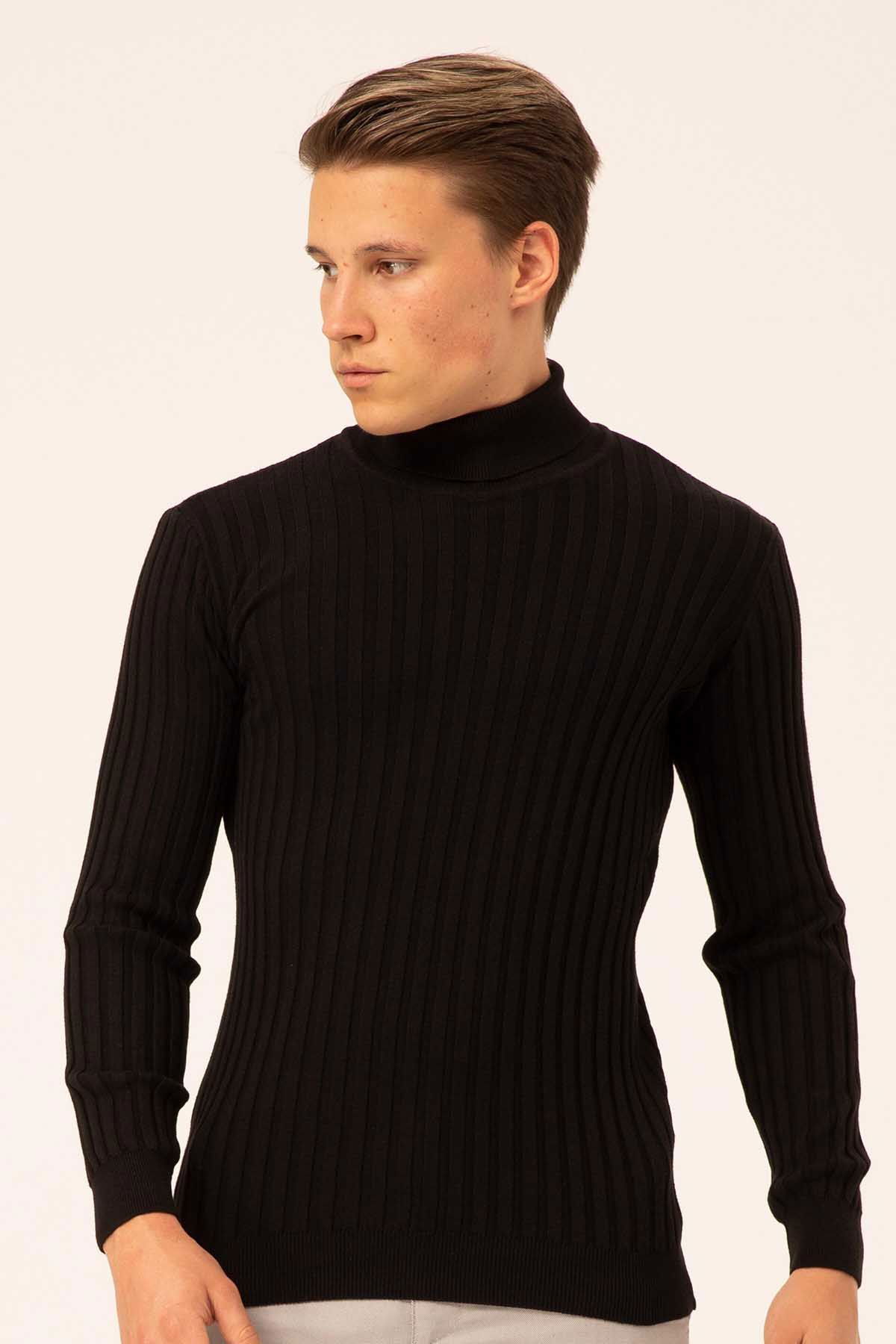 Ateş Triko Erkek Balıkçı Yaka Slim Fit Fitilli Triko Kazak 6091288 Siyah - 1