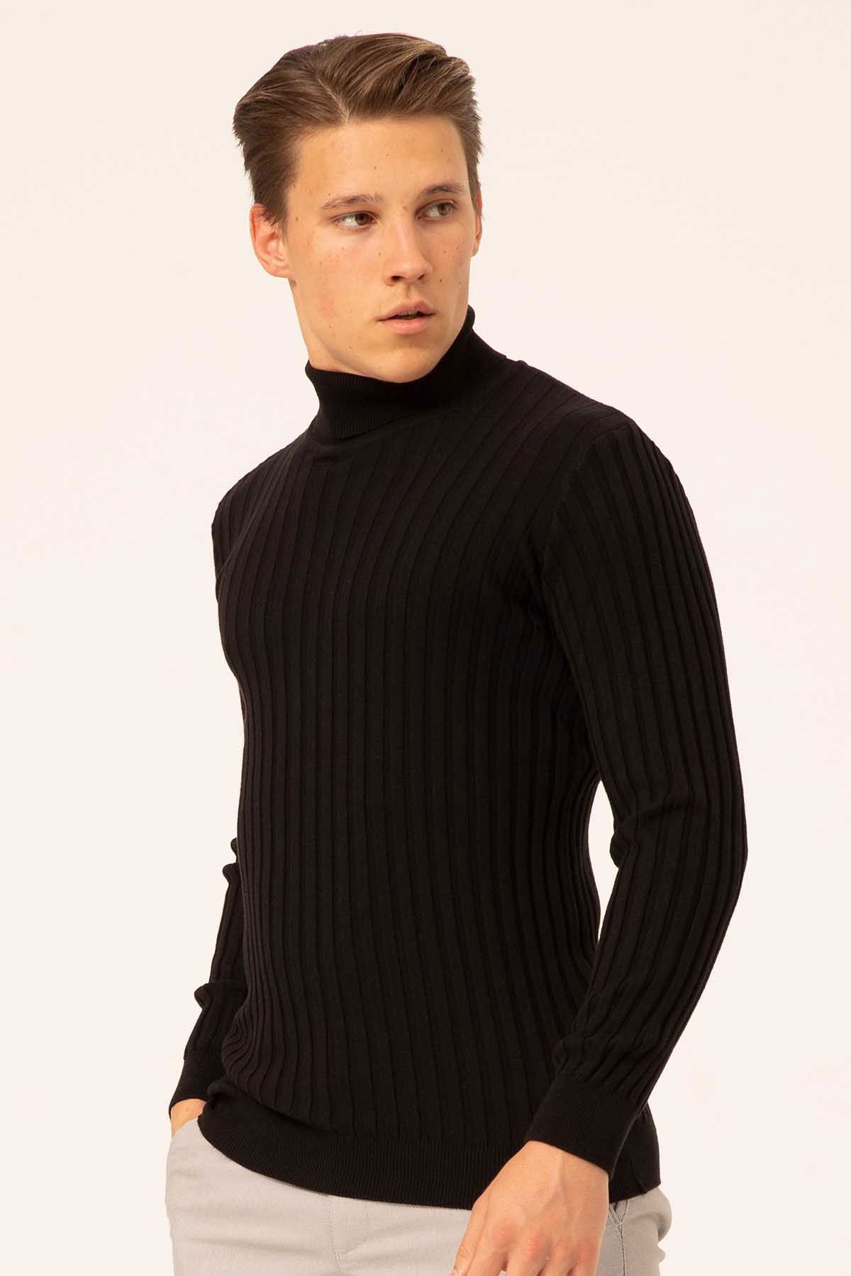 Ateş Triko Erkek Balıkçı Yaka Slim Fit Fitilli Triko Kazak 6091288 Siyah - 2