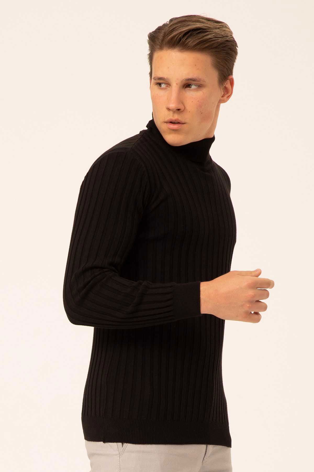 Ateş Triko Erkek Balıkçı Yaka Slim Fit Fitilli Triko Kazak 6091288 Siyah - 3