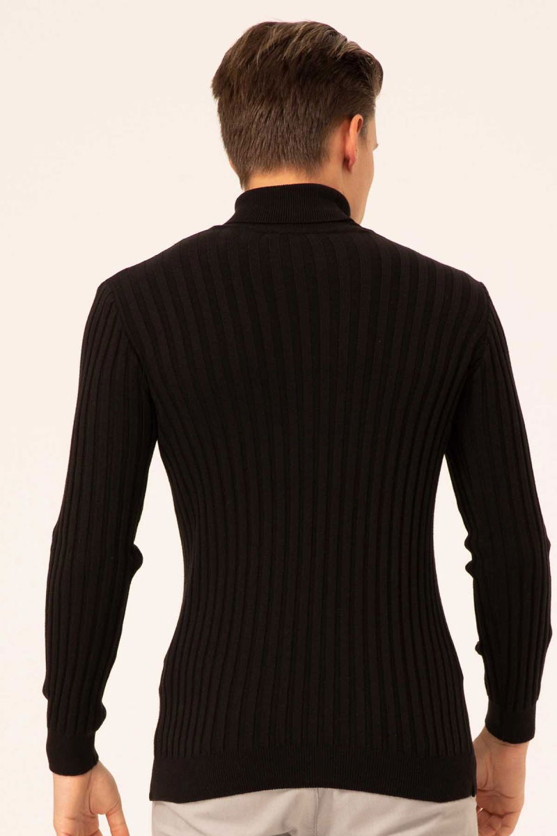 Ateş Triko Erkek Balıkçı Yaka Slim Fit Fitilli Triko Kazak 6091288 Siyah - 5