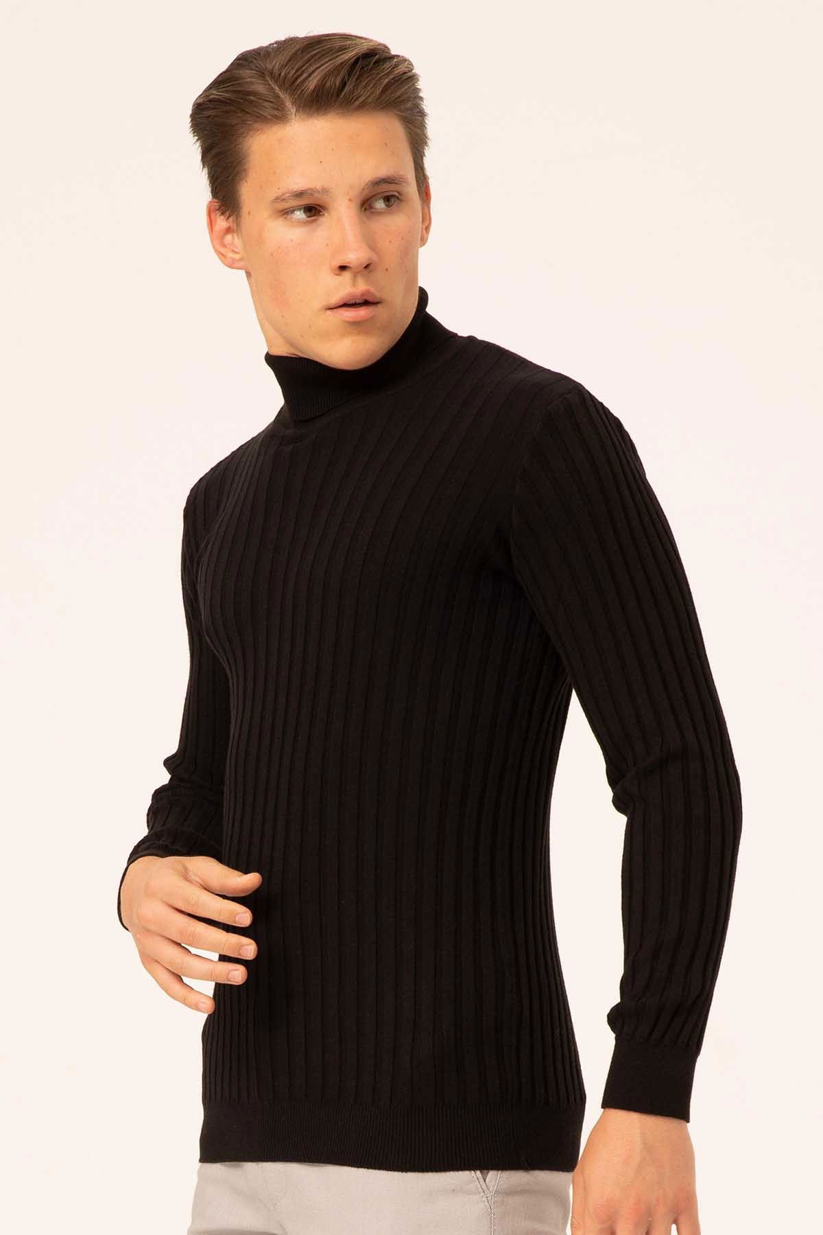 Ateş Triko Erkek Balıkçı Yaka Slim Fit Fitilli Triko Kazak 6091288 Siyah - 6
