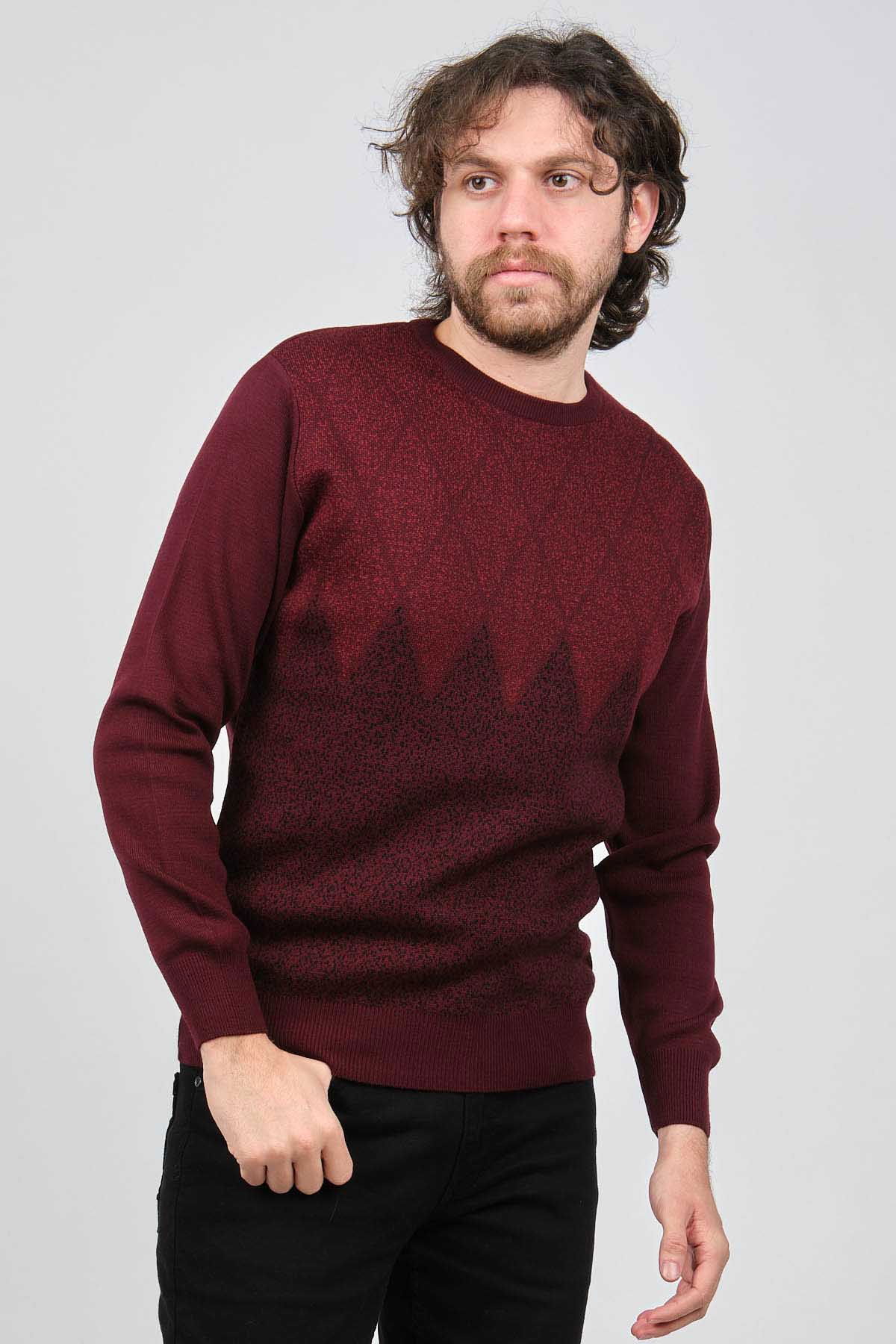 Ateş Triko Erkek Bisiklet Yaka Desenli Kazak 6091805 Bordo - 1