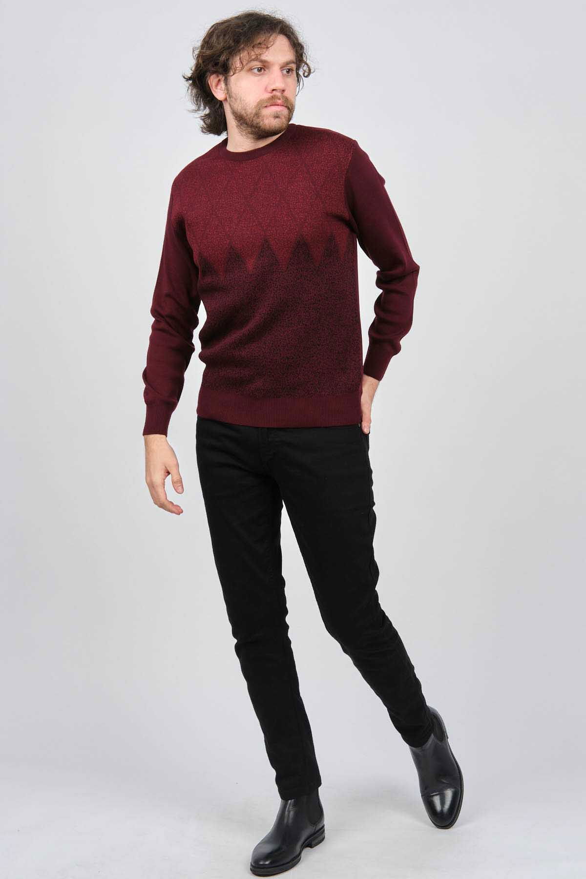 Ateş Triko Erkek Bisiklet Yaka Desenli Kazak 6091805 Bordo - 2