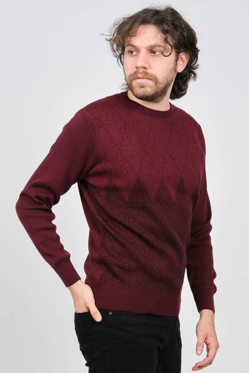 Ateş Triko Erkek Bisiklet Yaka Desenli Kazak 6091805 Bordo - 3