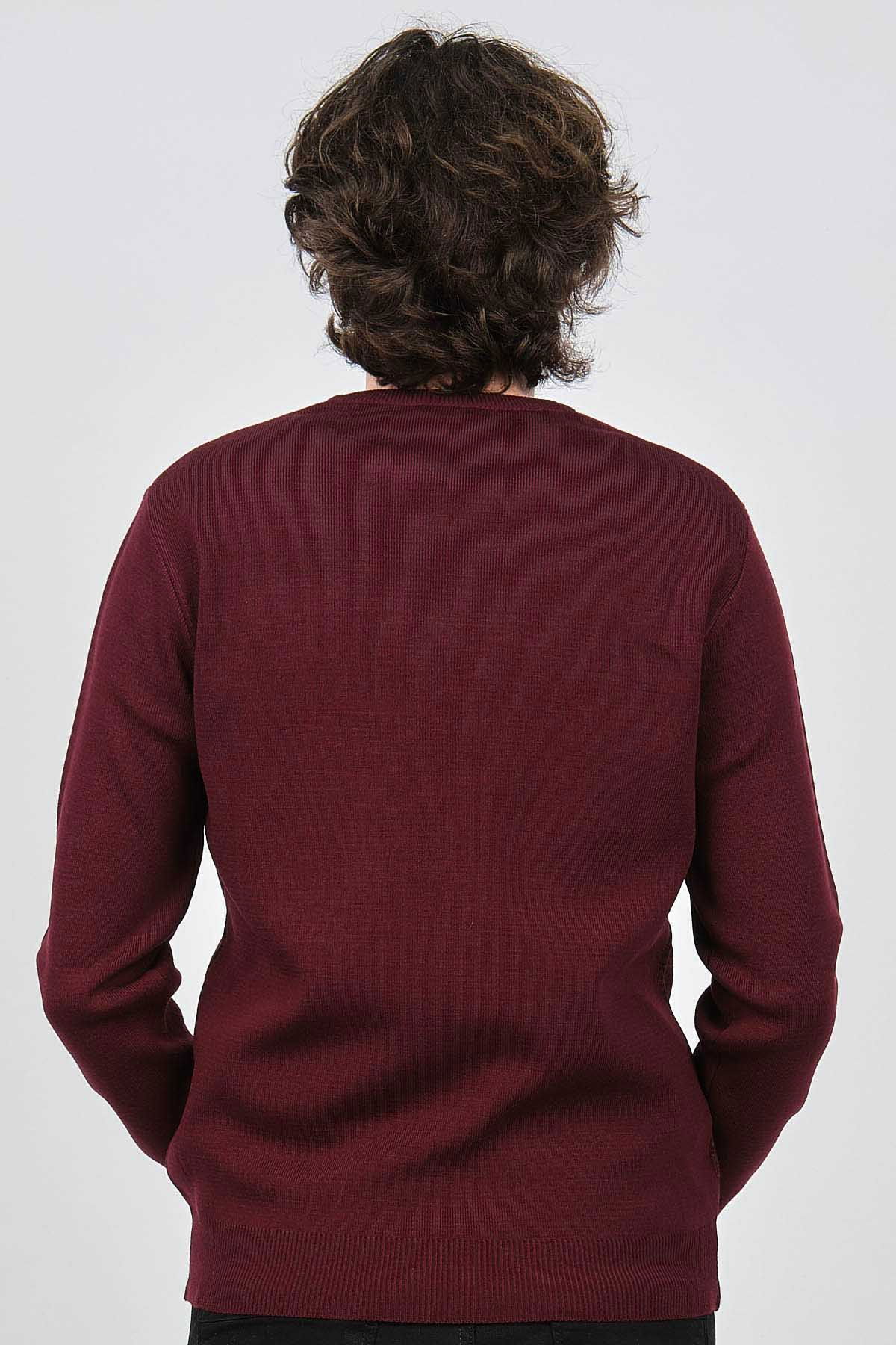 Ateş Triko Erkek Bisiklet Yaka Desenli Kazak 6091805 Bordo - 5