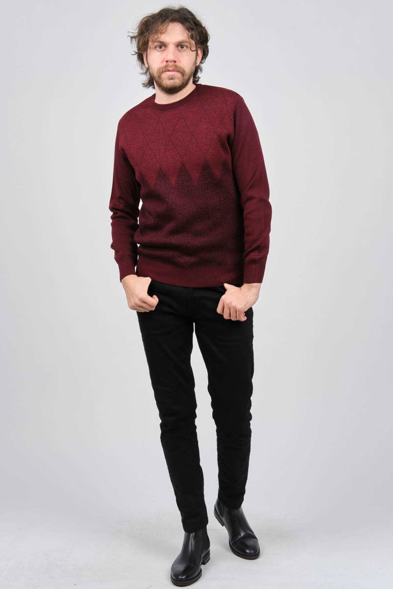 Ateş Triko Erkek Bisiklet Yaka Desenli Kazak 6091805 Bordo - 6