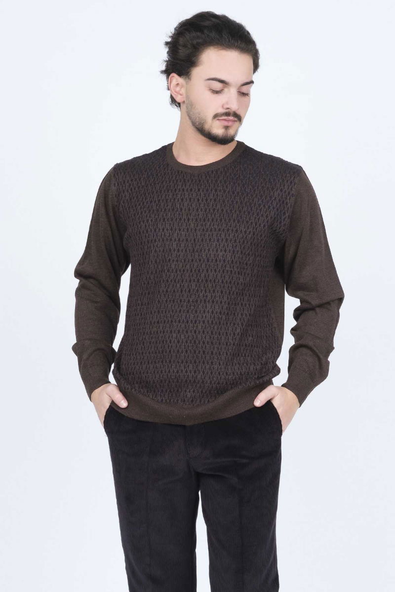 Ateş Triko Erkek Bisiklet Yaka Desenli Yün Kazak 6092255 A.Kahve - 2