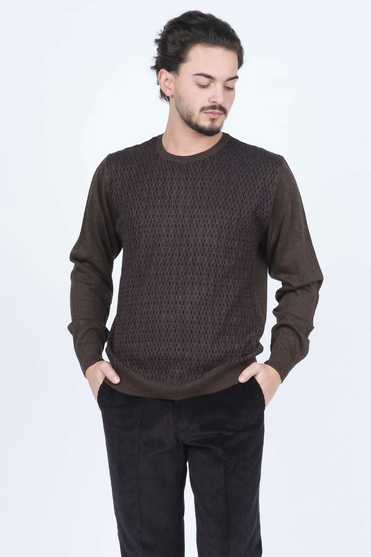 Ateş Triko Erkek Bisiklet Yaka Desenli Yün Kazak 6092255 A.Kahve - 2