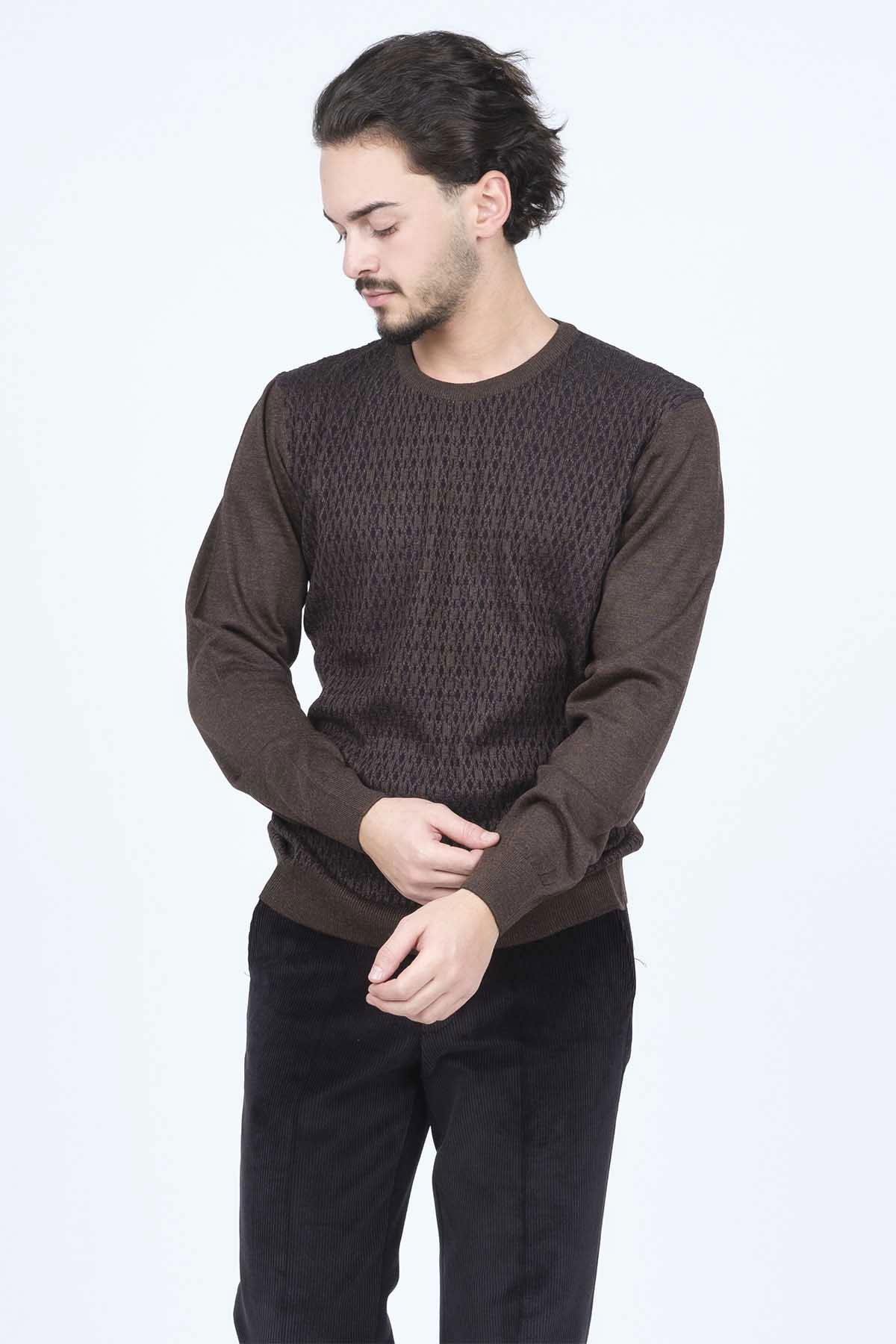 Ateş Triko Erkek Bisiklet Yaka Desenli Yün Kazak 6092255 A.Kahve - 3