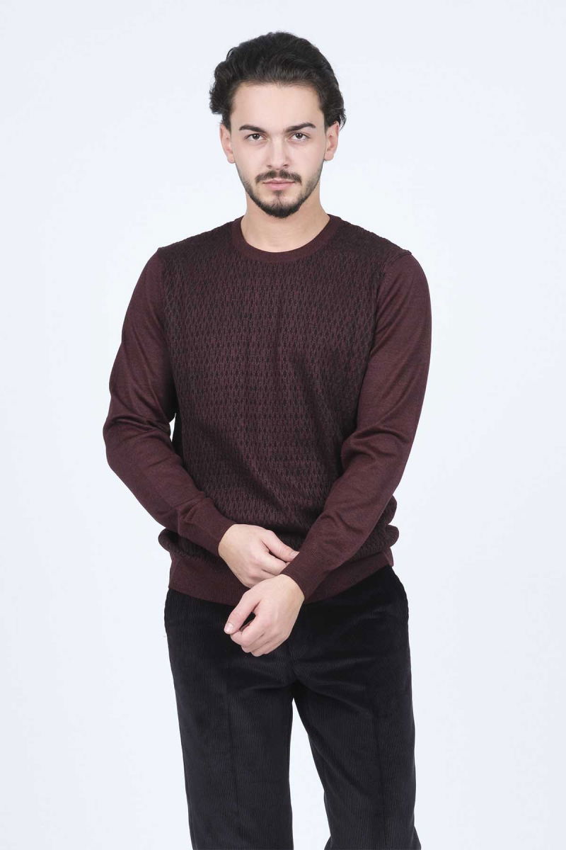 Ateş Triko Erkek Bisiklet Yaka Desenli Yün Kazak 6092255 Bordo - 1