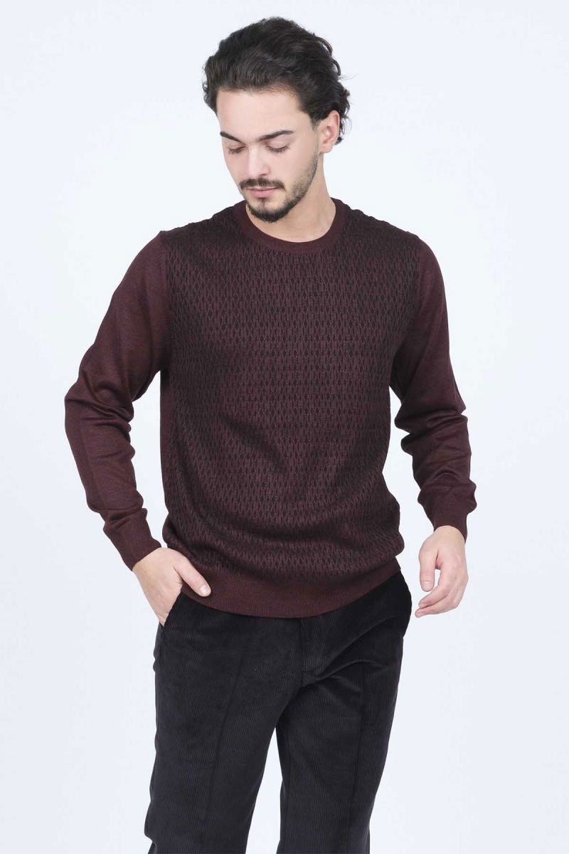 Ateş Triko Erkek Bisiklet Yaka Desenli Yün Kazak 6092255 Bordo - 3