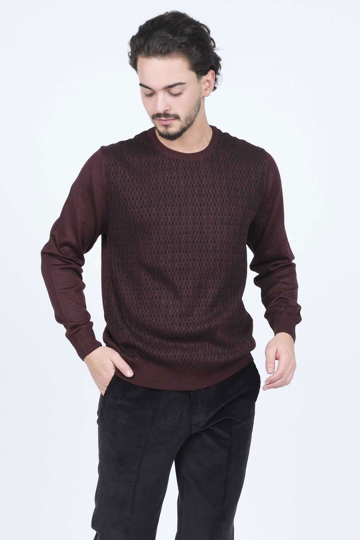 Ateş Triko Erkek Bisiklet Yaka Desenli Yün Kazak 6092255 Bordo - 3