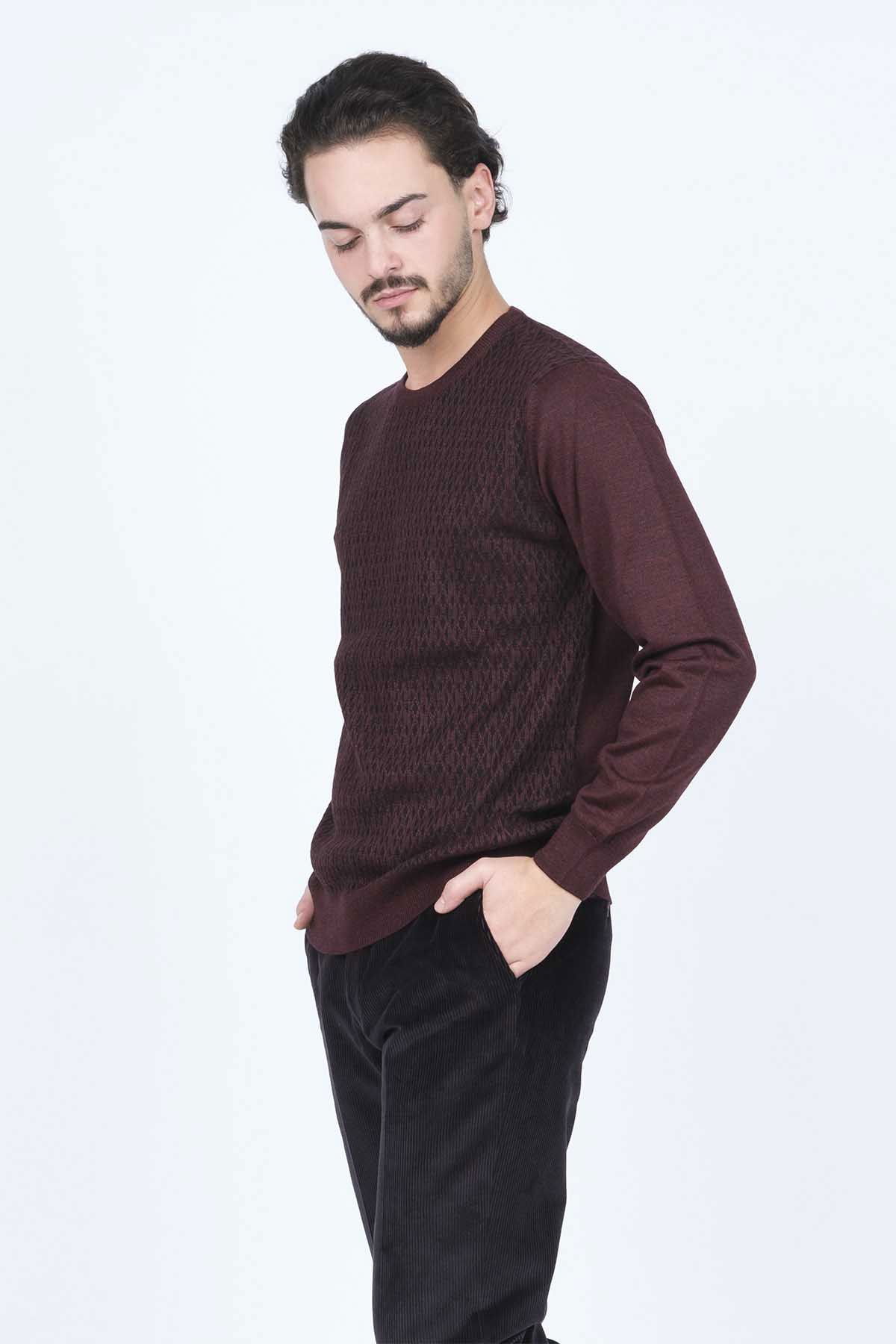 Ateş Triko Erkek Bisiklet Yaka Desenli Yün Kazak 6092255 Bordo - 4