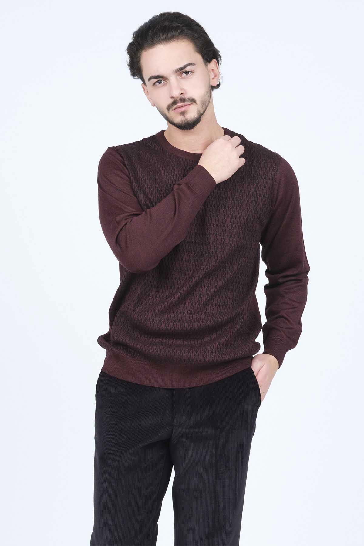 Ateş Triko Erkek Bisiklet Yaka Desenli Yün Kazak 6092255 Bordo - 6