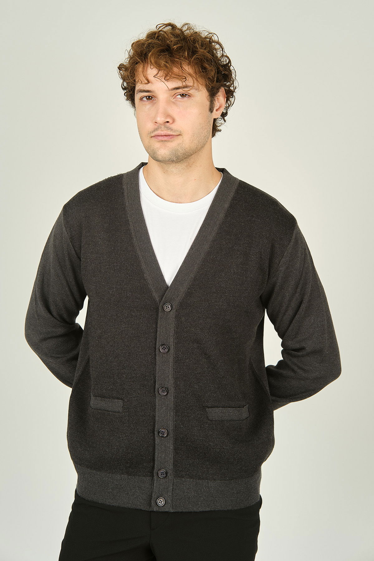 Ateş Triko Erkek Cep Detaylı V Yaka Yün Hırka 4490 Koyu Gri - 1