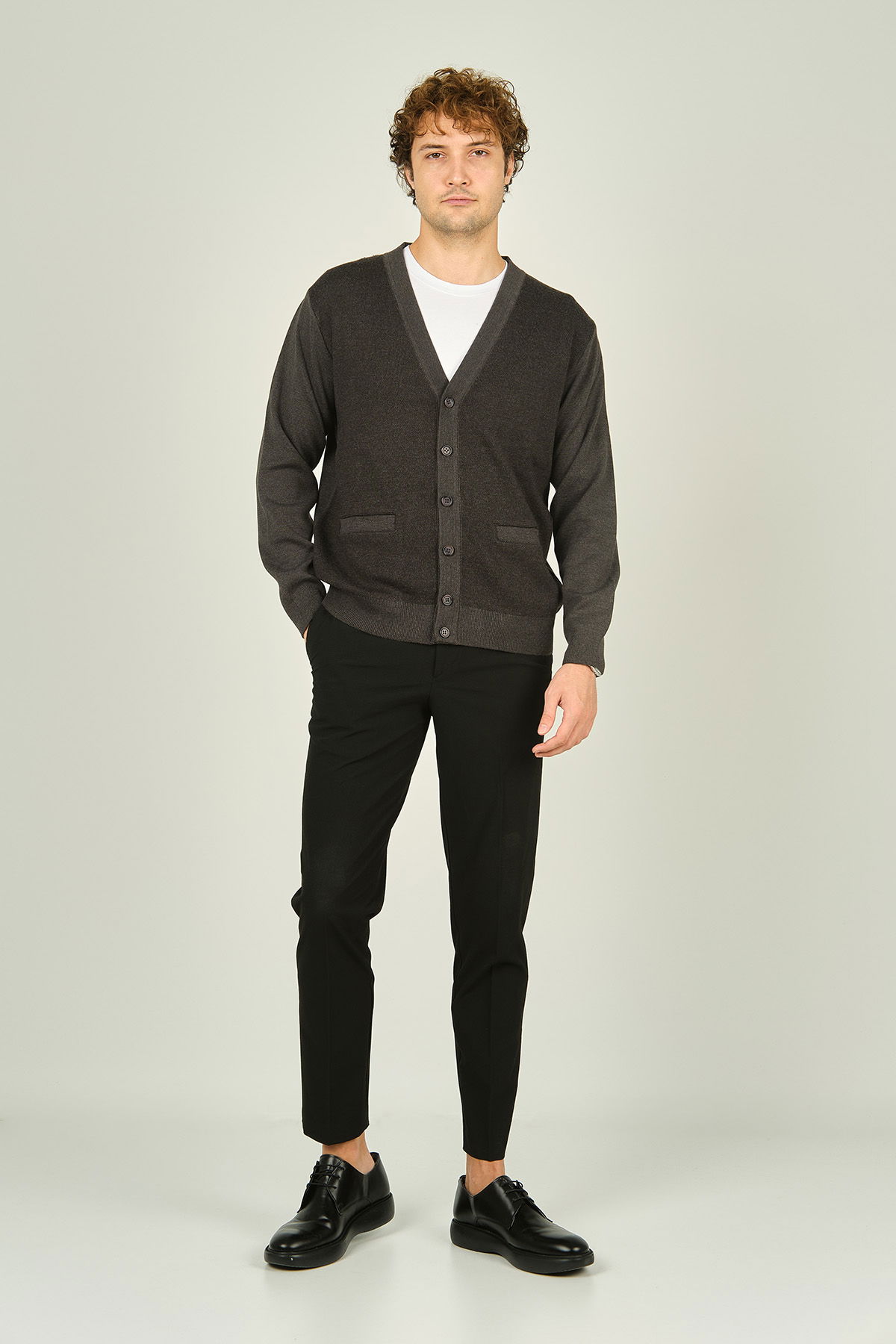 Ateş Triko Erkek Cep Detaylı V Yaka Yün Hırka 4490 Koyu Gri - 2