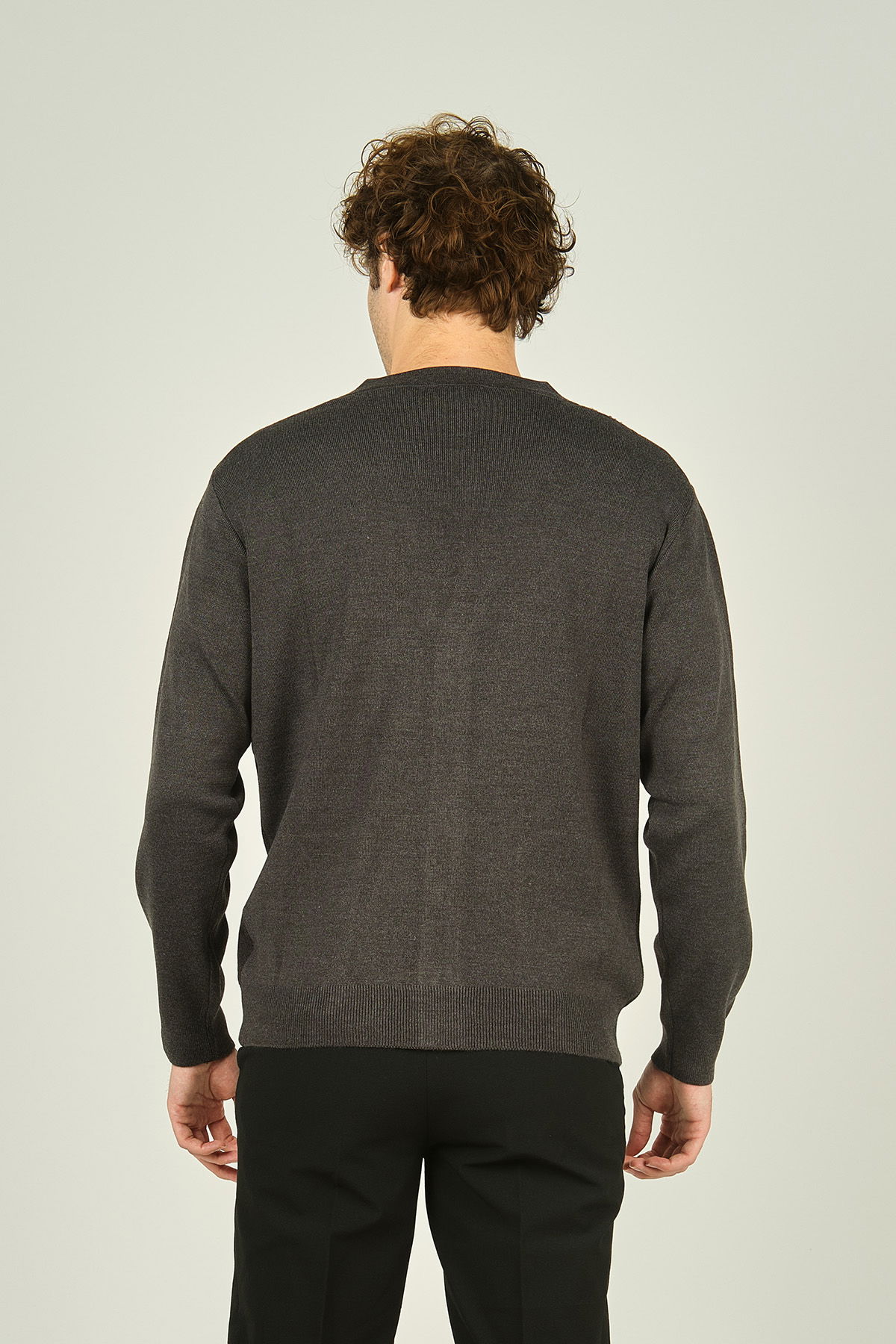 Ateş Triko Erkek Cep Detaylı V Yaka Yün Hırka 4490 Koyu Gri - 4