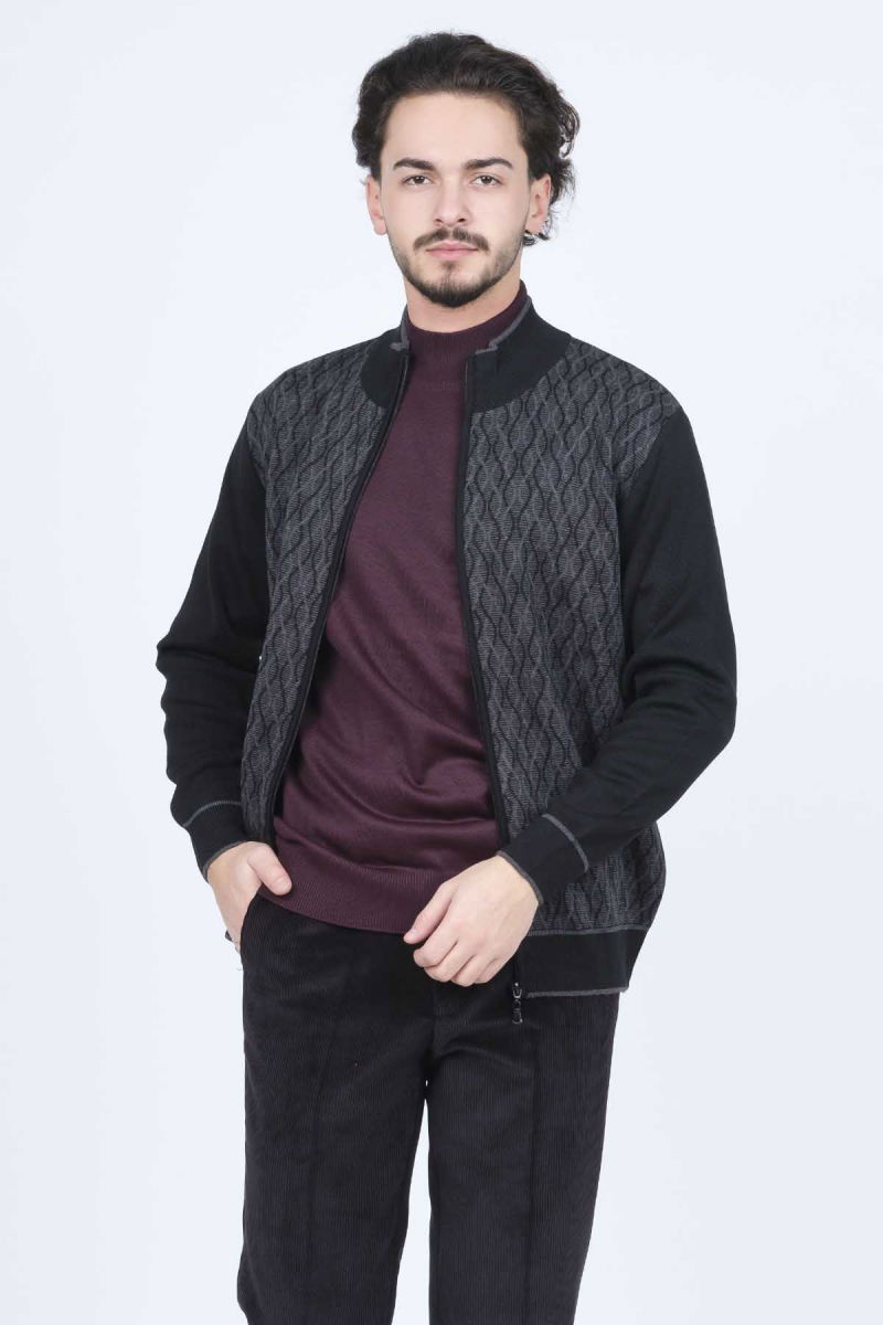 Ateş Triko Erkek Desenli Yün Hırka 6092541 Siyah 
