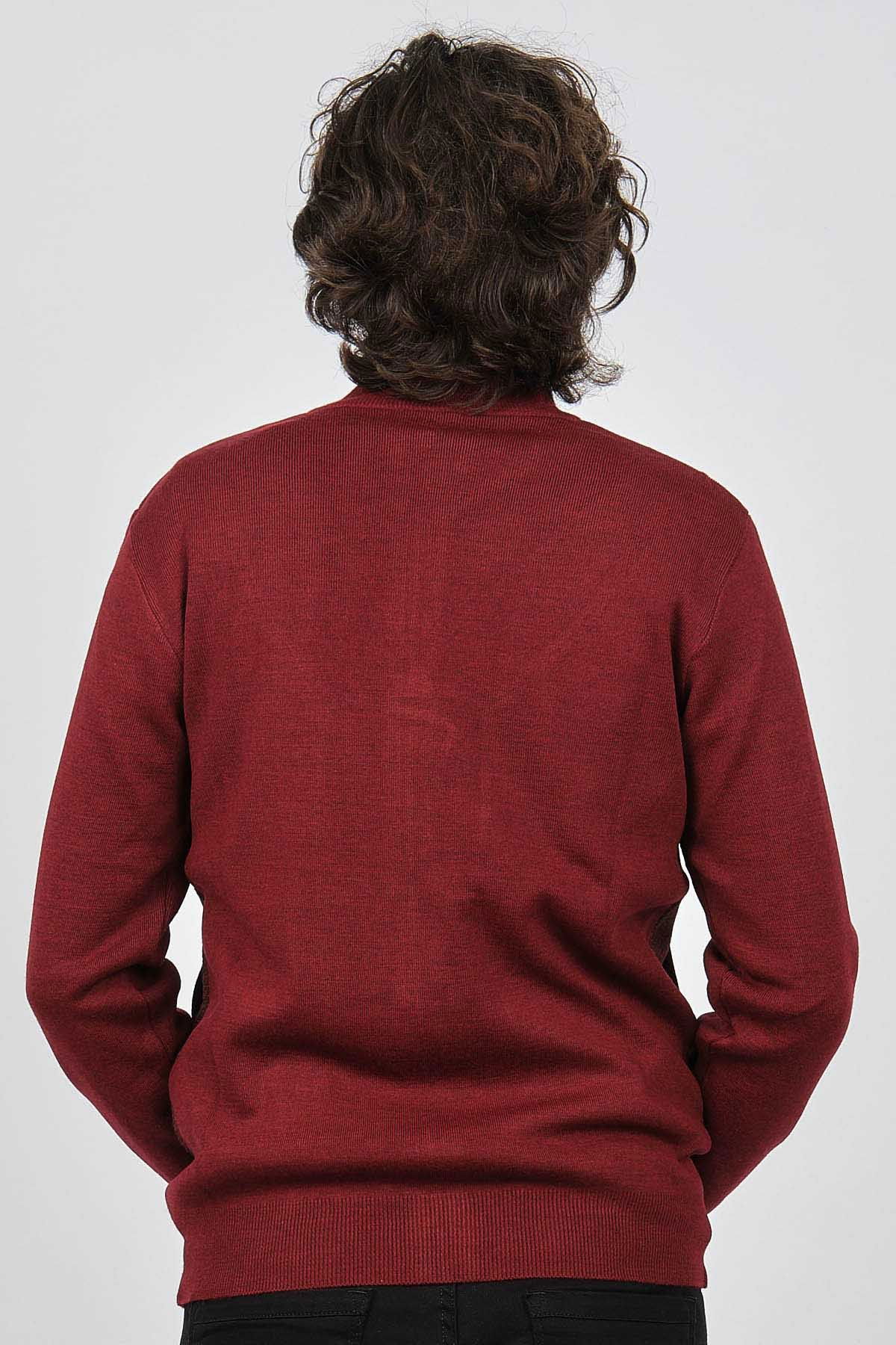 Ateş Triko Erkek Fermuarlı Desenli Yün Hırka 6091421 Bordo - 5