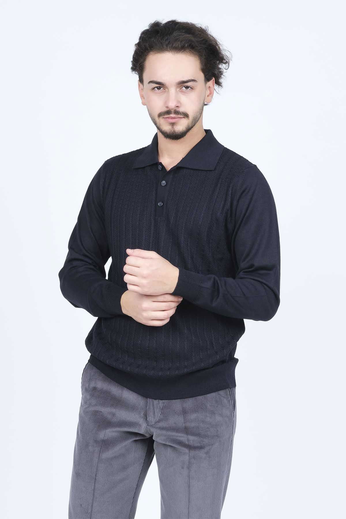 Ateş Triko Erkek Polo Yaka Çizgi Detaylı Yün Kazak 6091893 Lacivert - 1