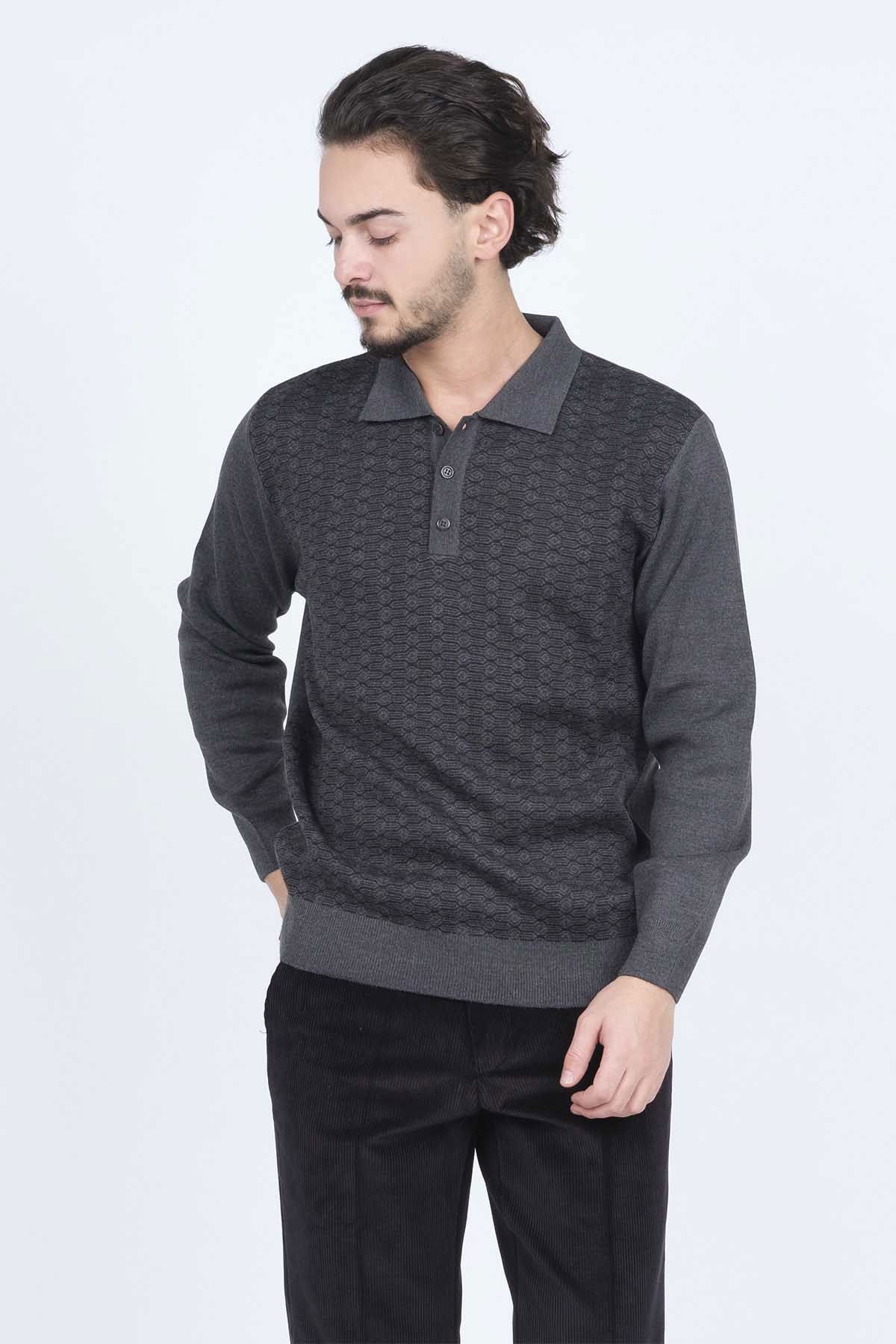 Ateş Triko Erkek Polo Yaka Desenli Yün Kazak 6092073 Koyu Gri - 2