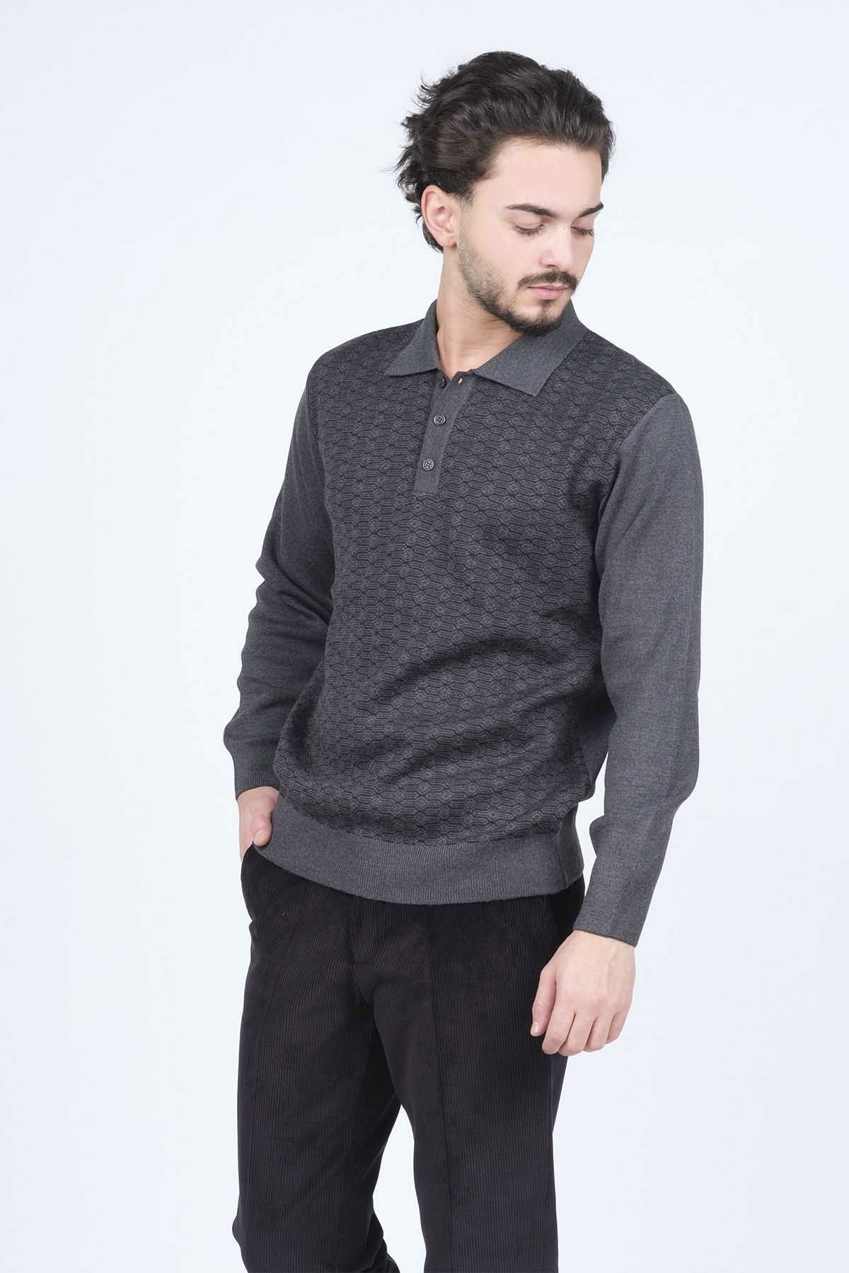 Ateş Triko Erkek Polo Yaka Desenli Yün Kazak 6092073 Koyu Gri - 3