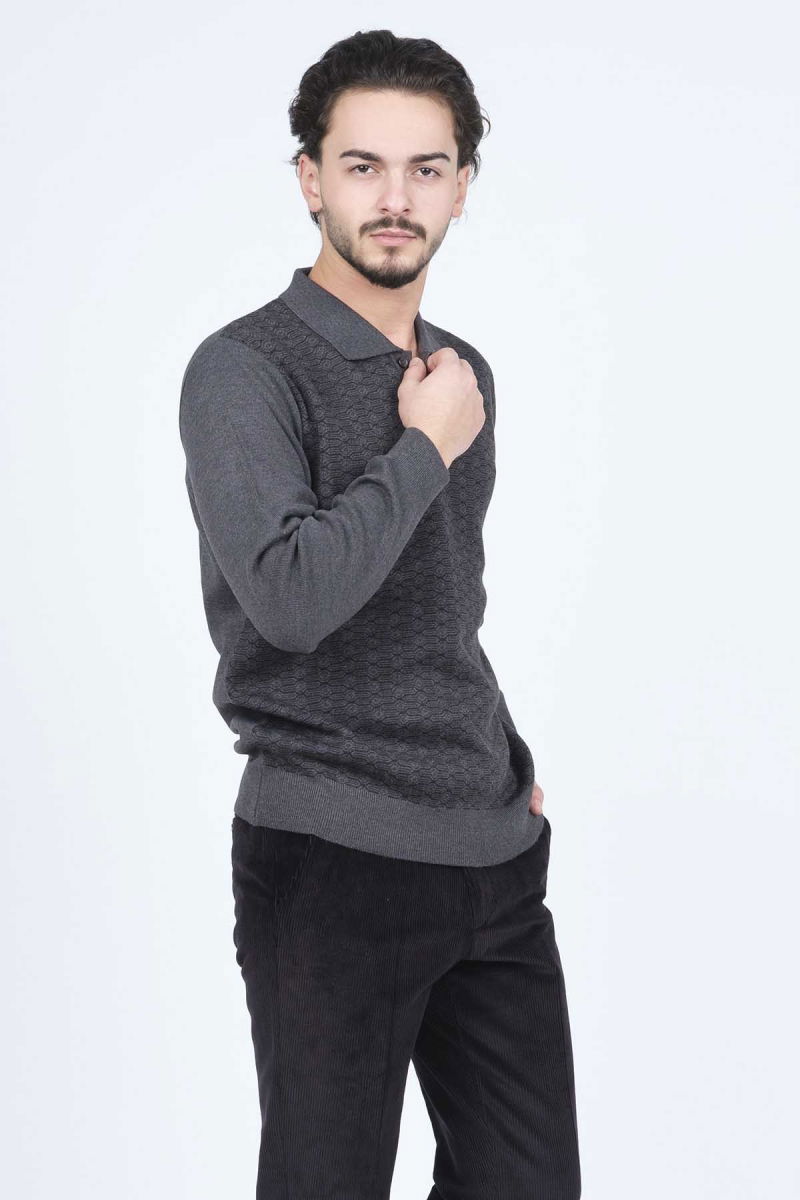 Ateş Triko Erkek Polo Yaka Desenli Yün Kazak 6092073 Koyu Gri - 4