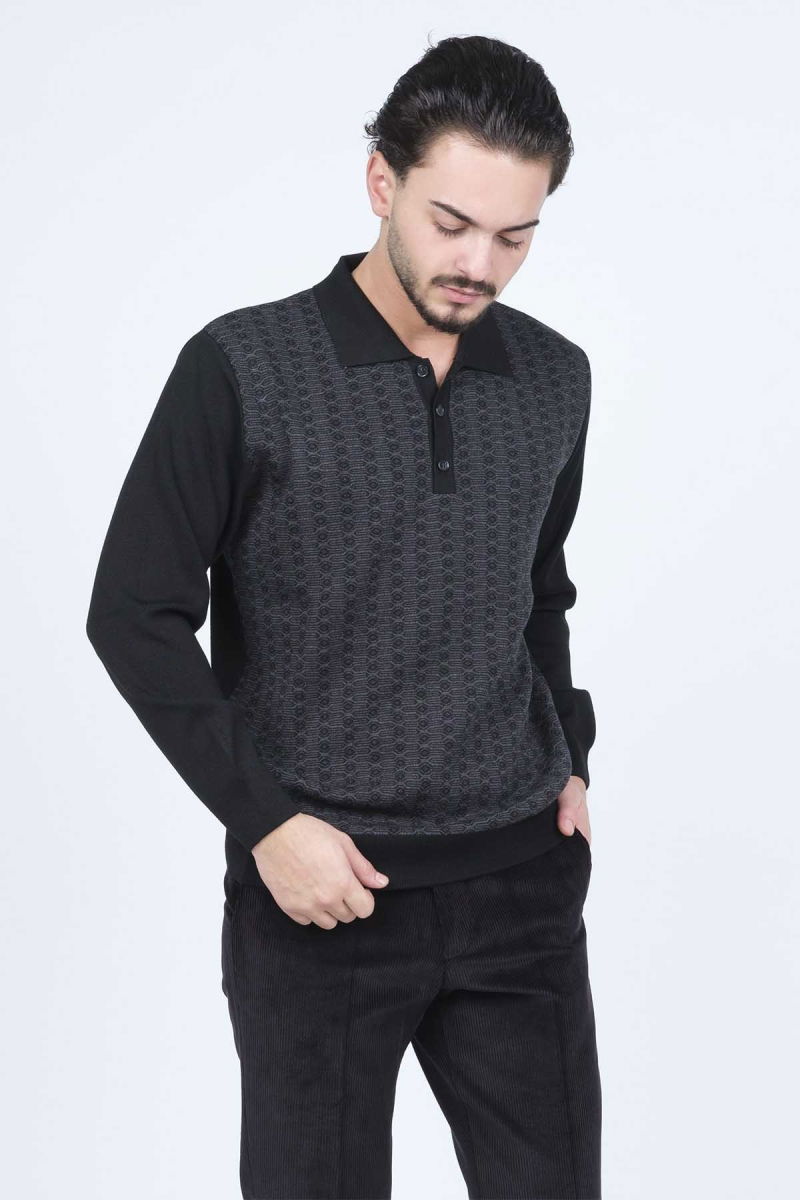 Ateş Triko Erkek Polo Yaka Desenli Yün Kazak 6092073 Siyah - 2